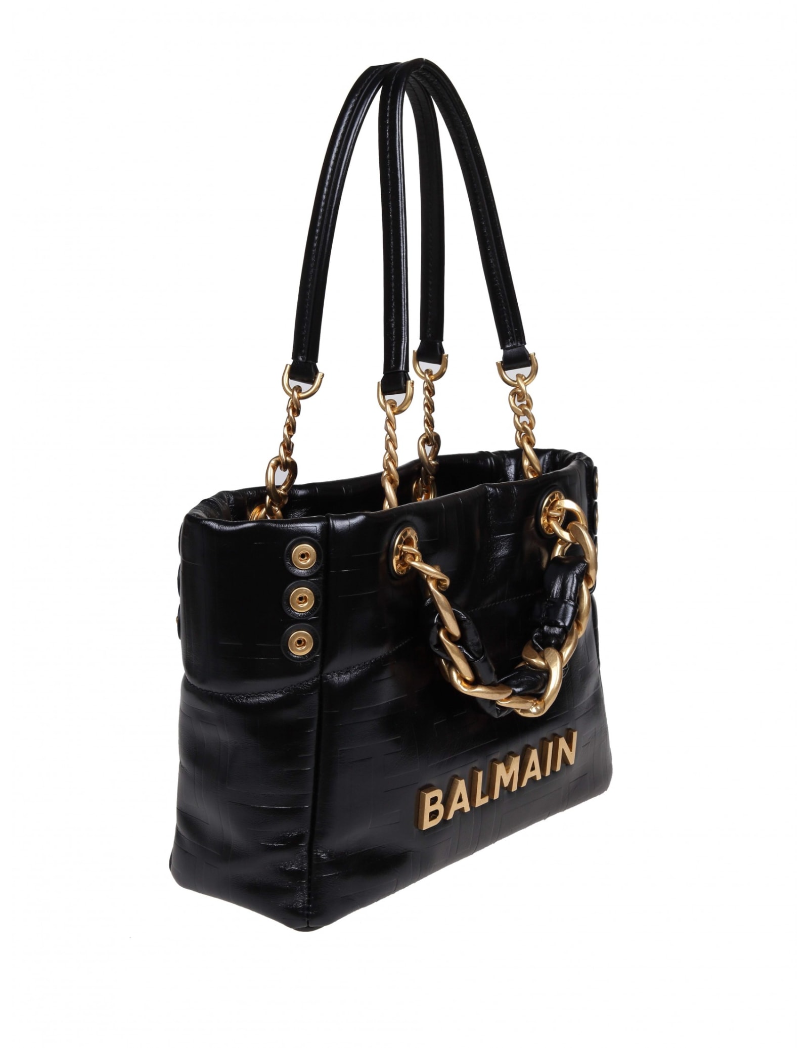 Shop Balmain 1945 Shopper Bag In Soft Leather With Embossed Monogramm In Noir