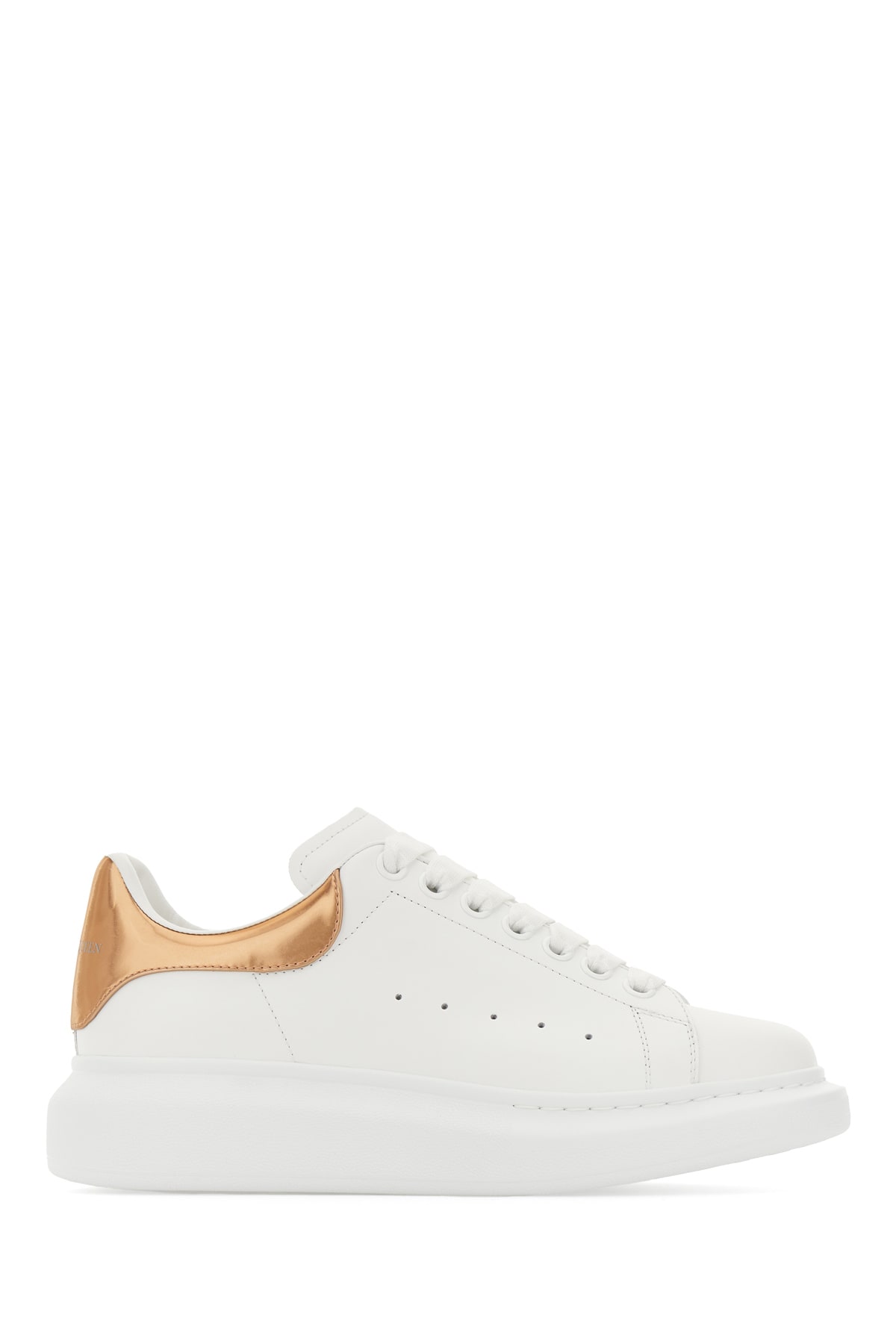 Shop Alexander Mcqueen White Leather Sneakers With Yellow Gold Leather Heel In White Rose Gold