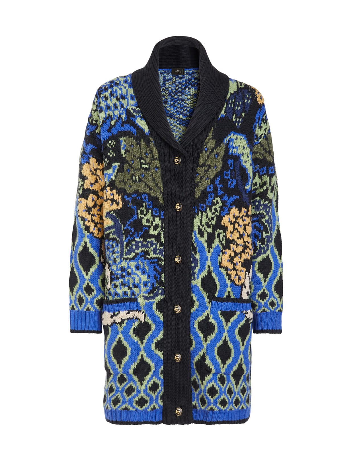 Etro Woman Midi Coat In Blue Jacquard Knit