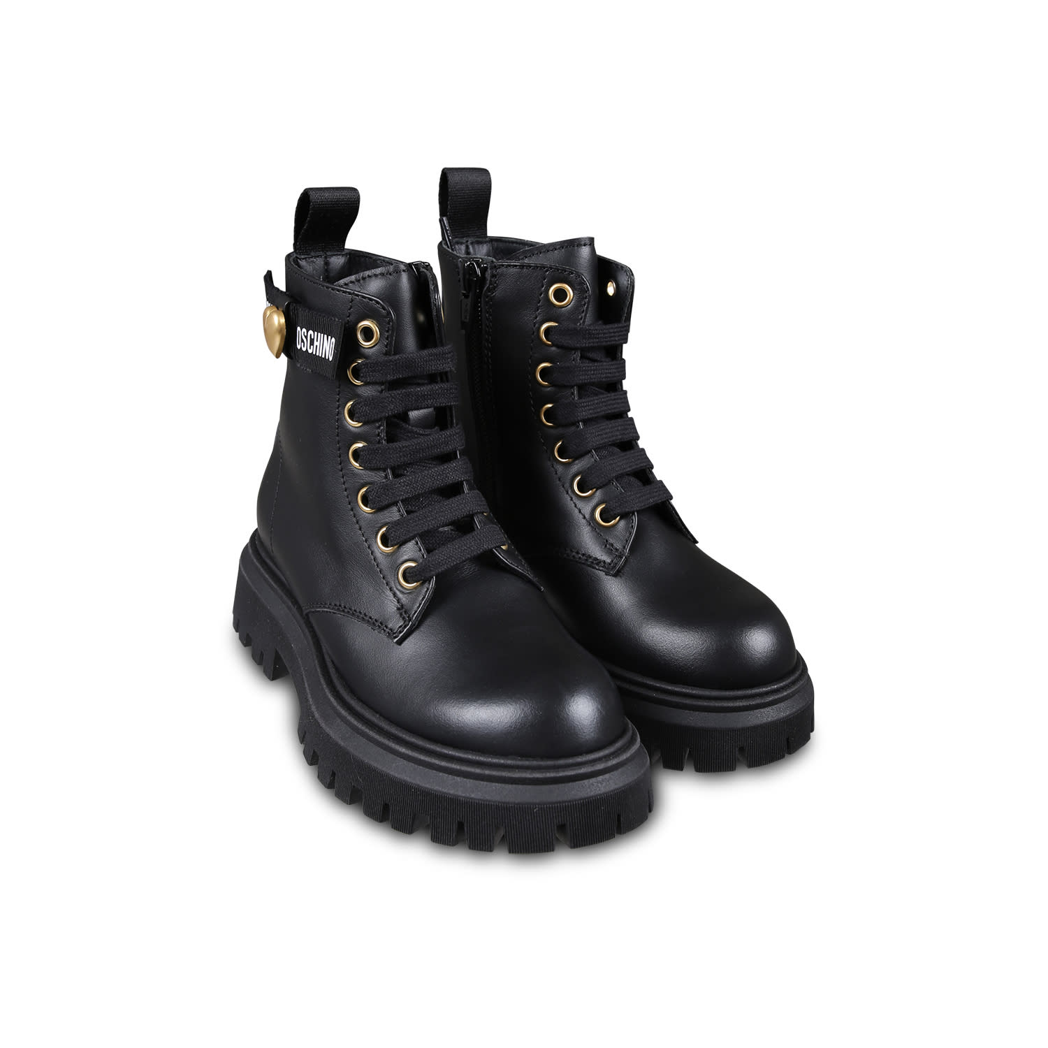 Shop Moschino Black Combat Boots For Girl With Heart