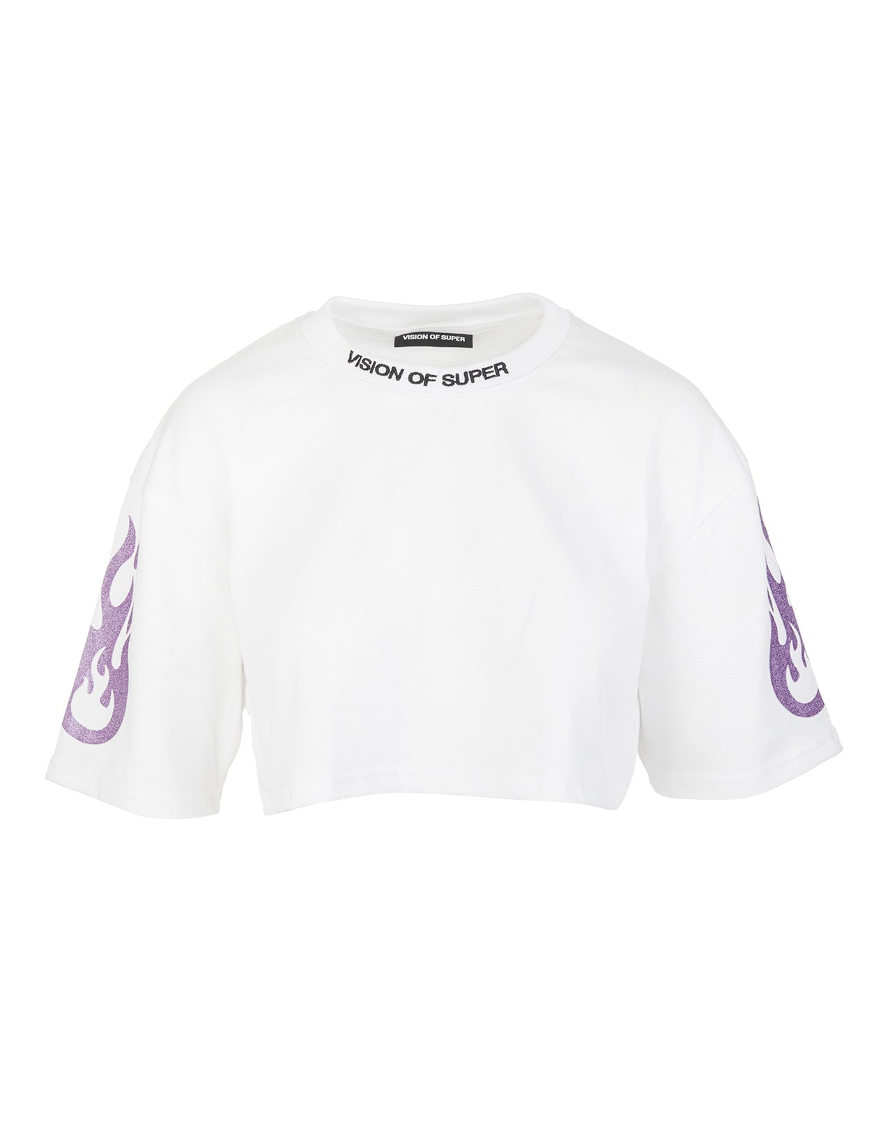 Click to view more detailed imagery on our partner's website Vision Of Super White Cropped Woman T-shirt With Glitter Purple Flame In White/glitter