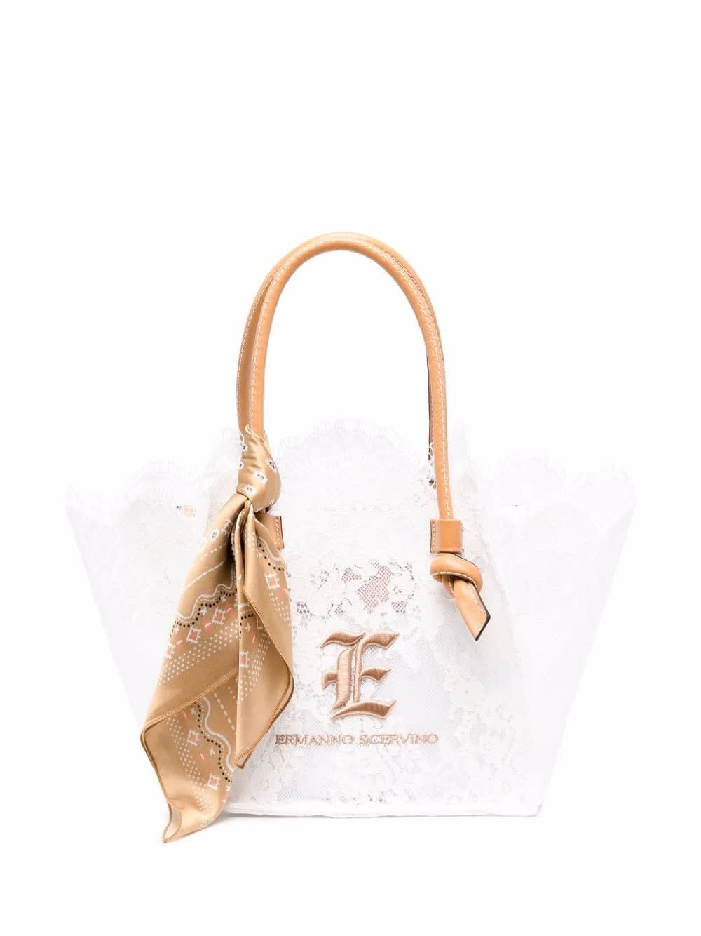 Ermanno Scervino White Lovelace Small Shopper Bag With Brown Foulard