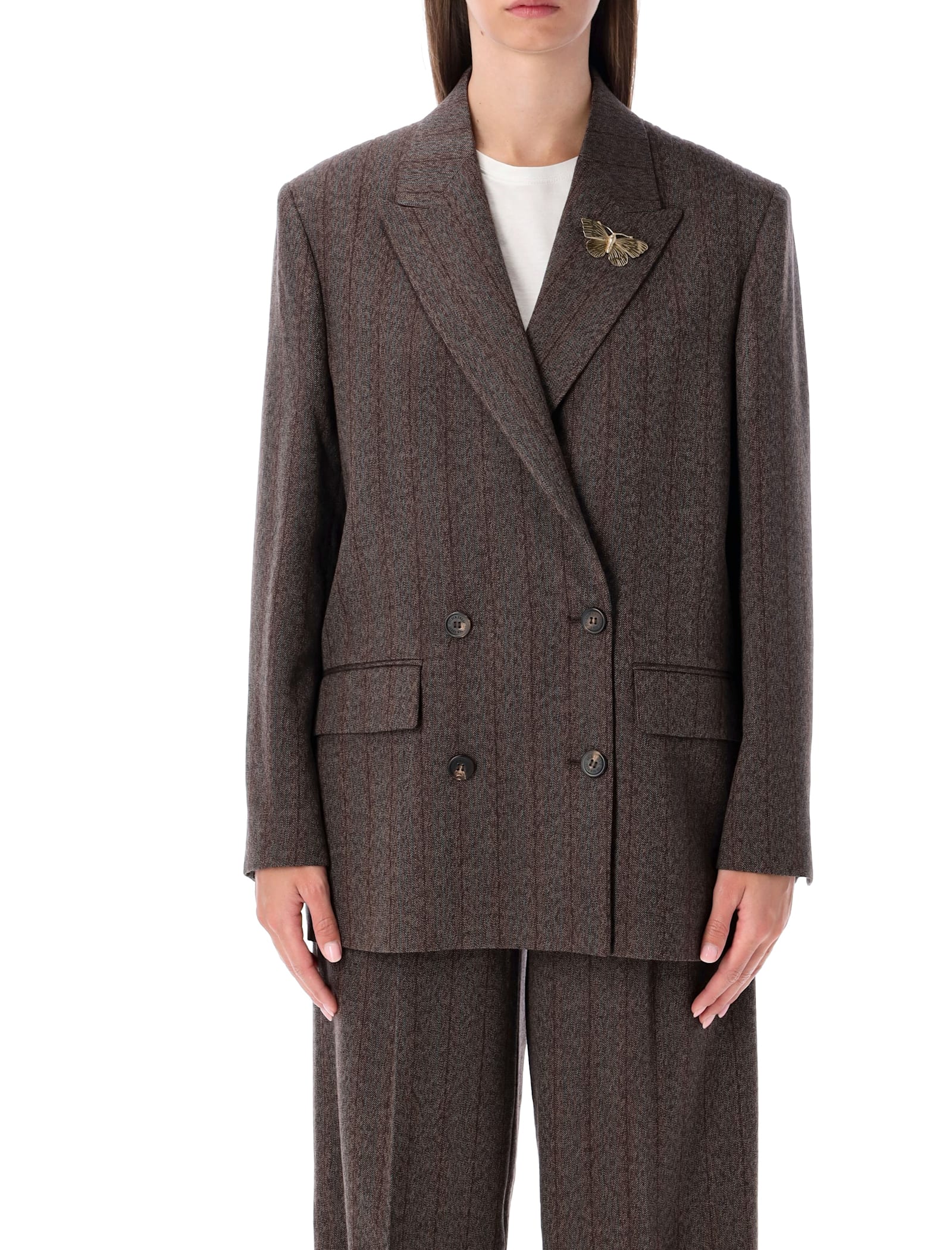Golden Goose Brown Pinstripe Wool Double-breasted Blazer In Brown