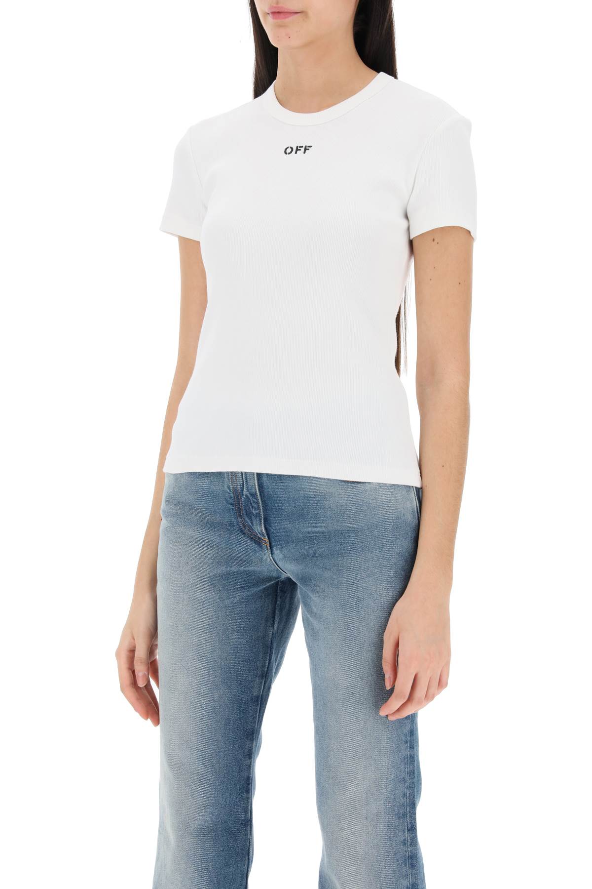 Shop Off-white Ribbed T-shirt With Off Embroidery In Bianco E Nero