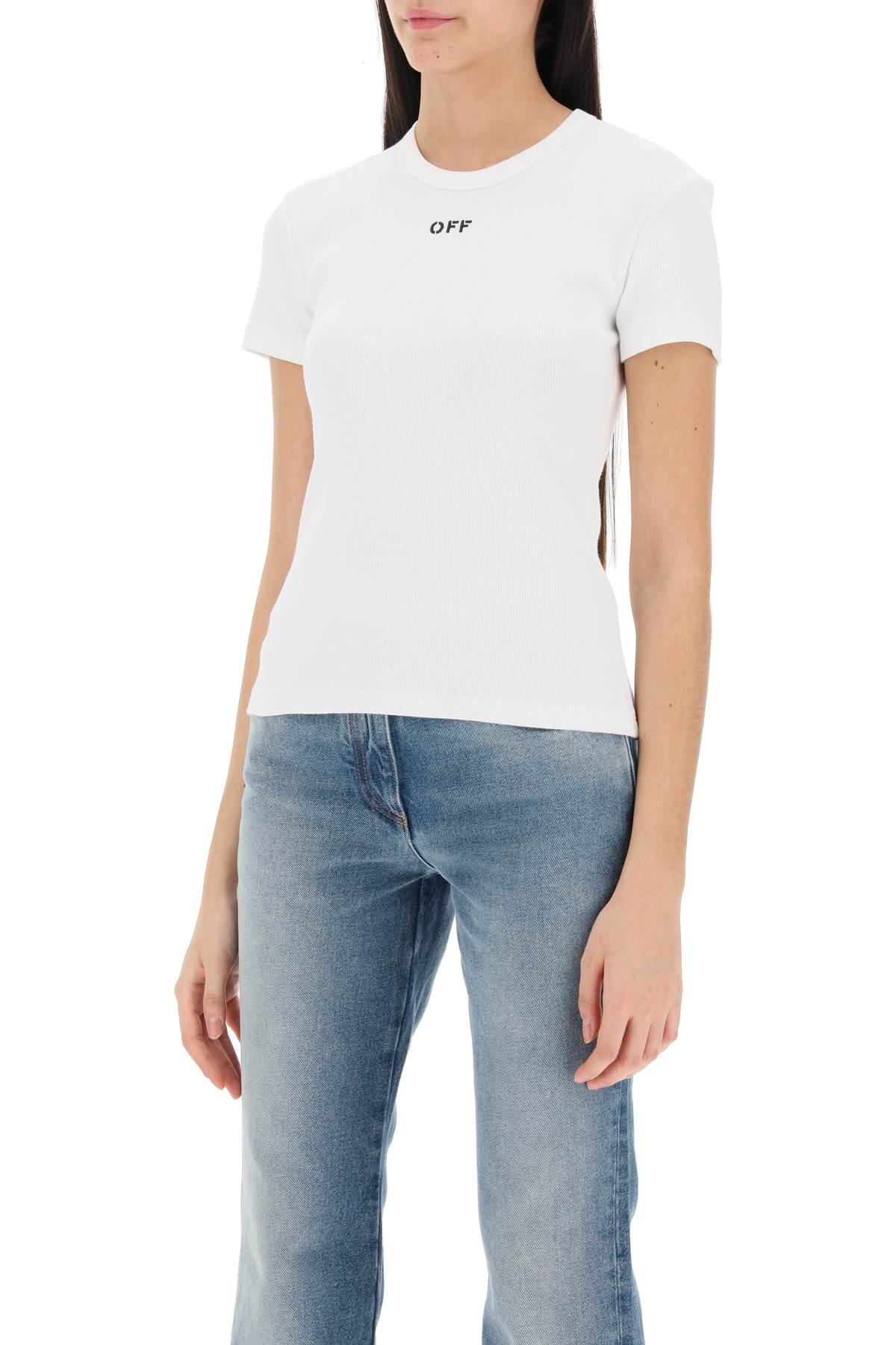 Shop Off-white Ribbed T-shirt With Off Embroidery In White/black