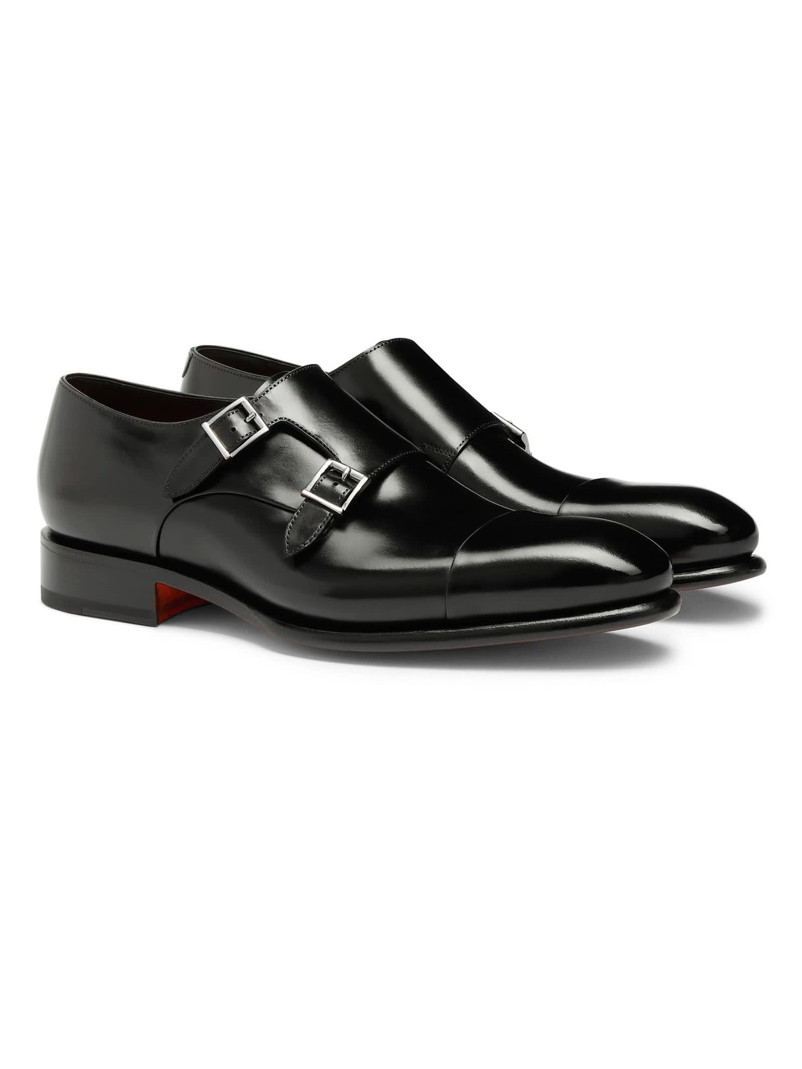 Shop Santoni Black Polished Leather Double-buckle Shoe