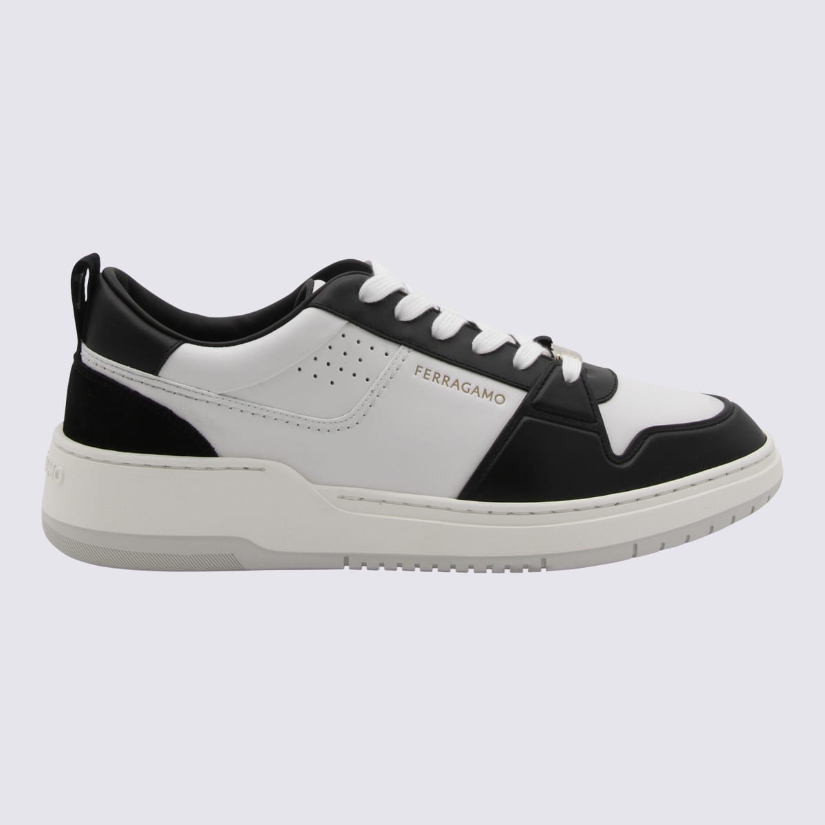 Shop Ferragamo White And Black Leather Sneakers