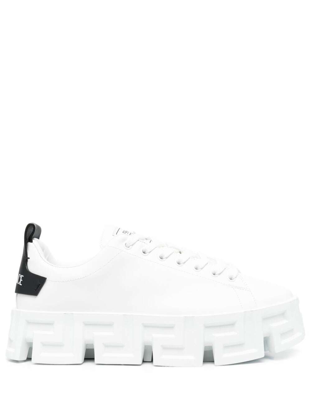 VERSACE LABYRINTH WHITE LOW TOP SNEAKERS WITH CHUNKY GRECA PATFORM IN LEATHER MAN