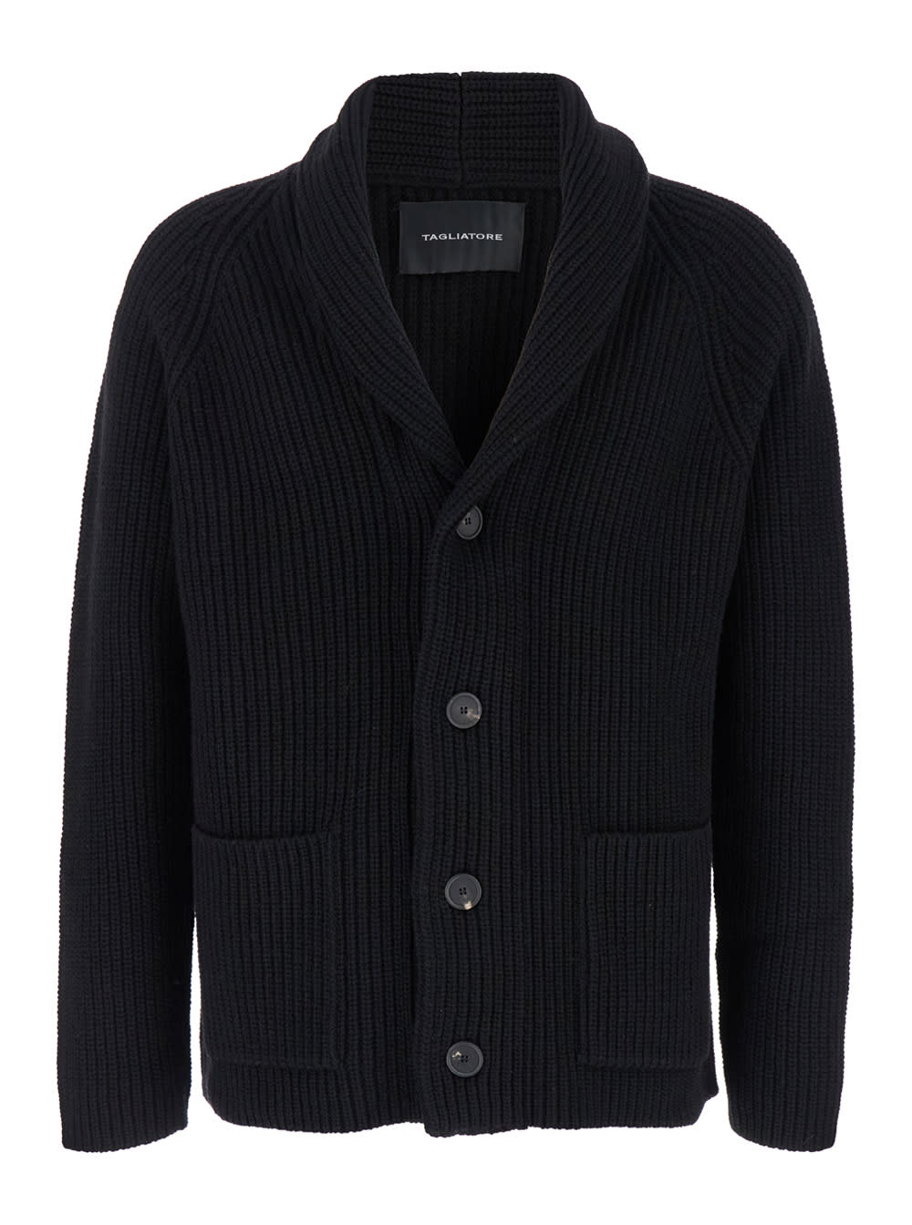 Shop Tagliatore Black Cardigan With Shawl Collar In Ribbed Wool Man