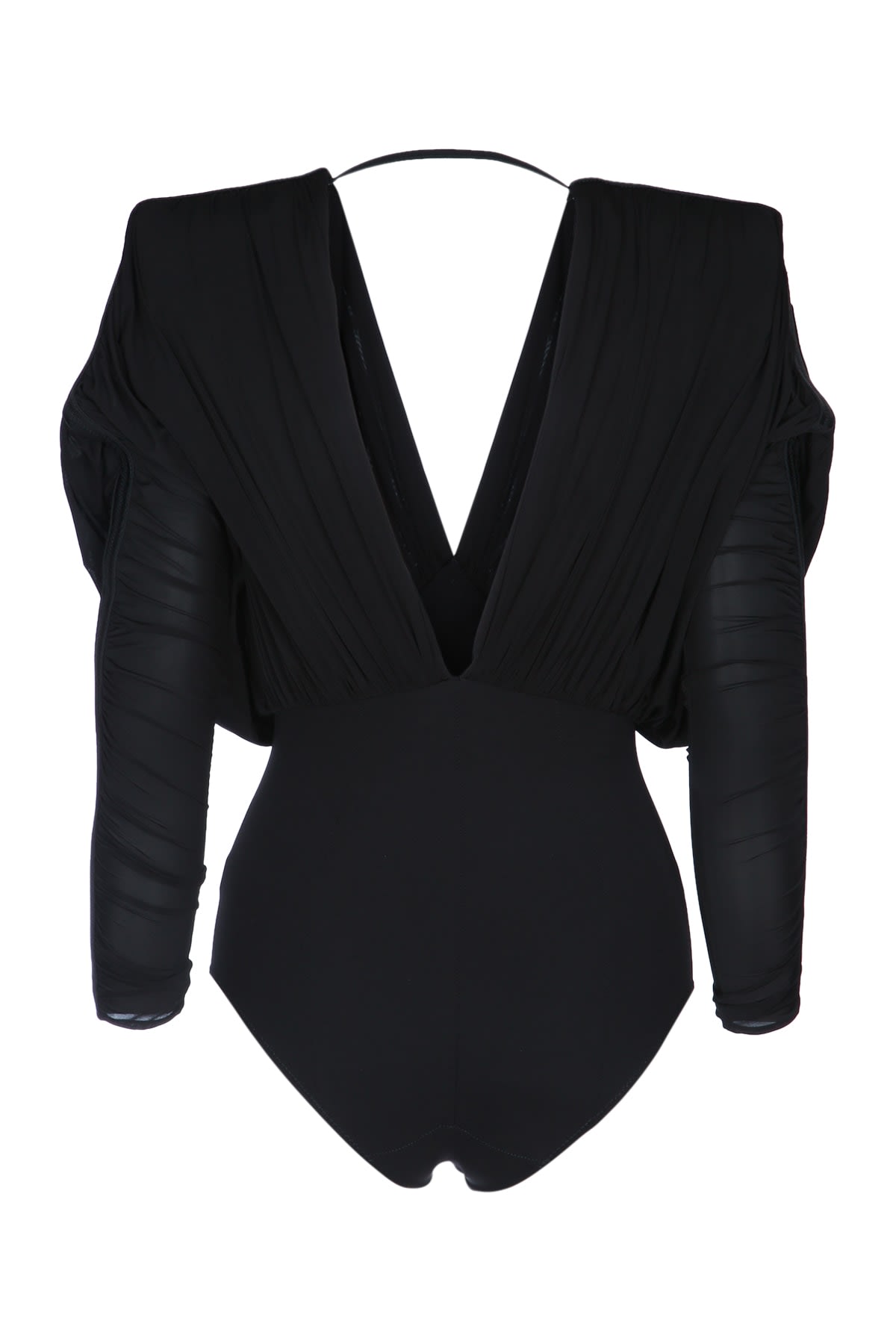 Elisabetta Franchi Draped V Neck Sheer Fabric Top In Black
