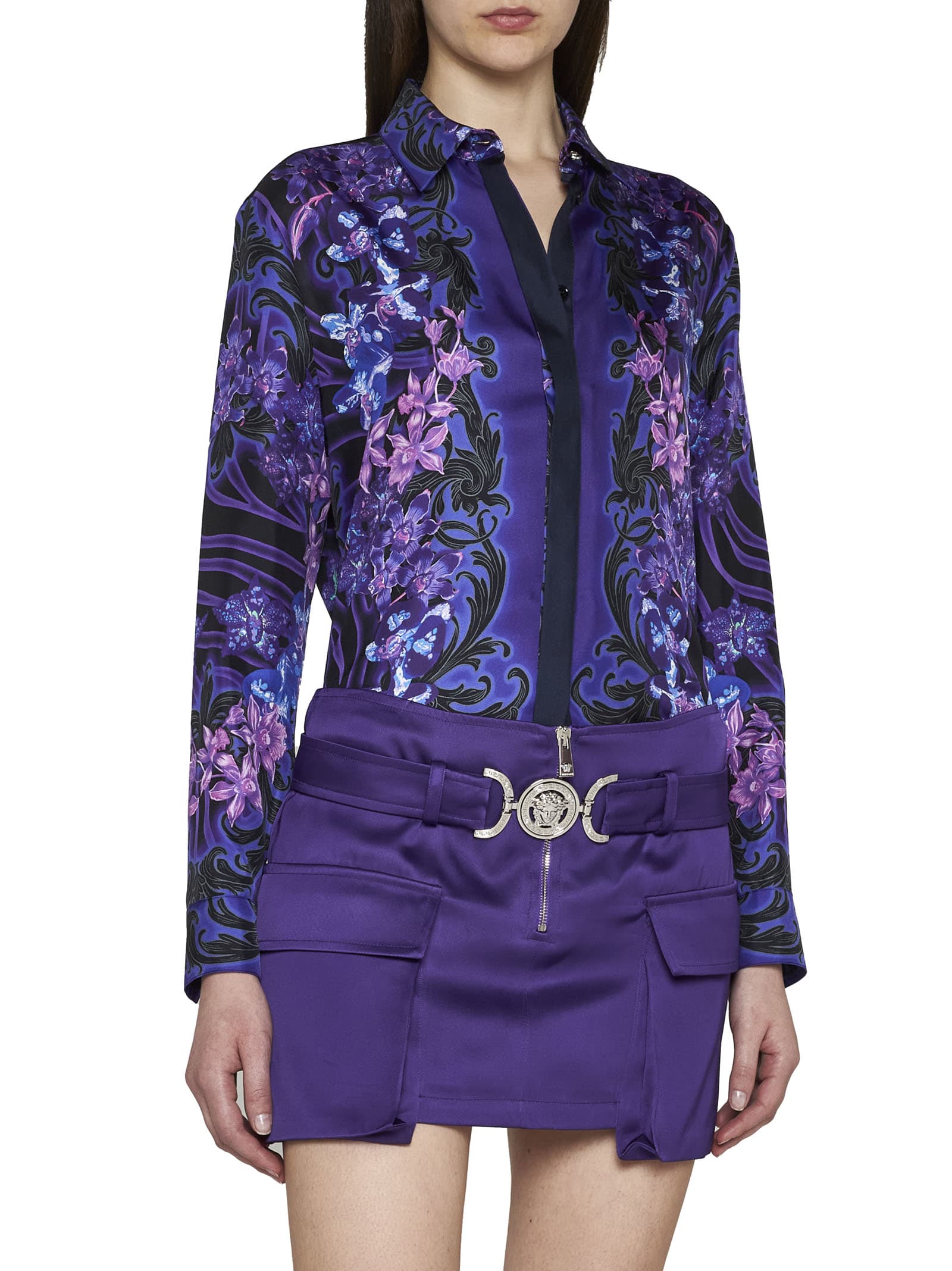 Versace Medusa Satin Cargo Miniskirt In Purple