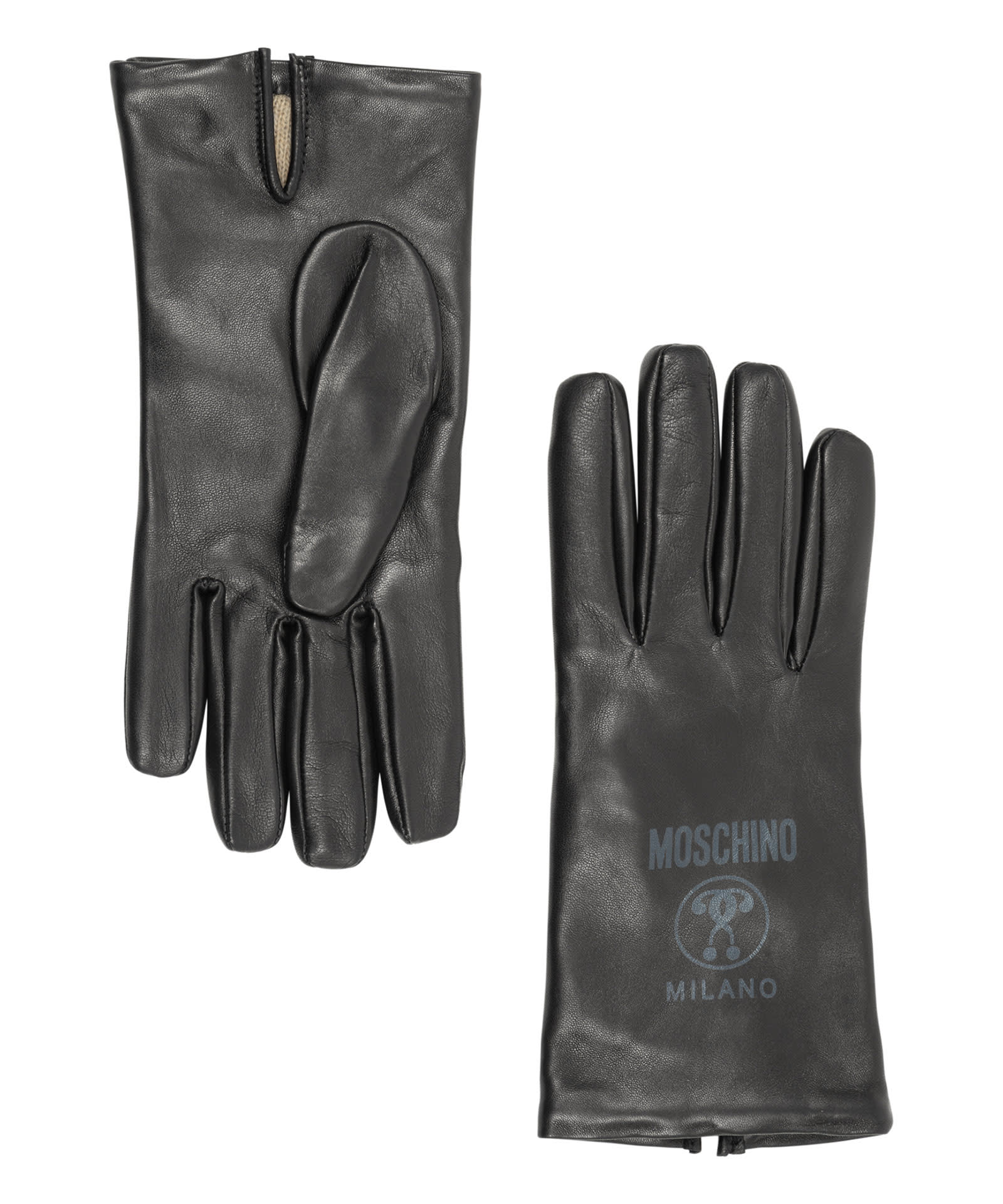 Moschino Double Question Mark Leather Gloves In Black