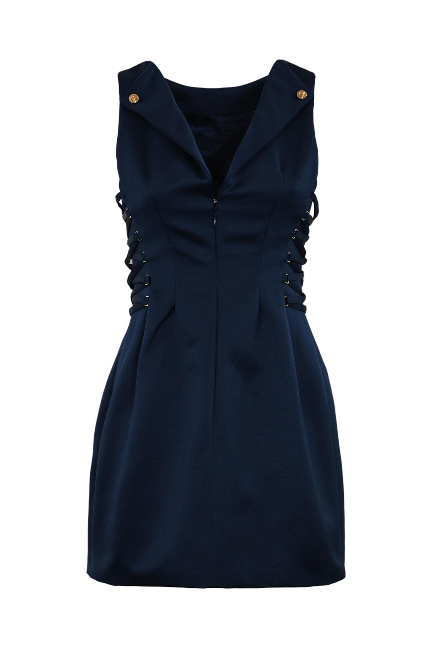 Elisabetta Franchi Duchess Dress With Boat Neckline And Laces In Blue