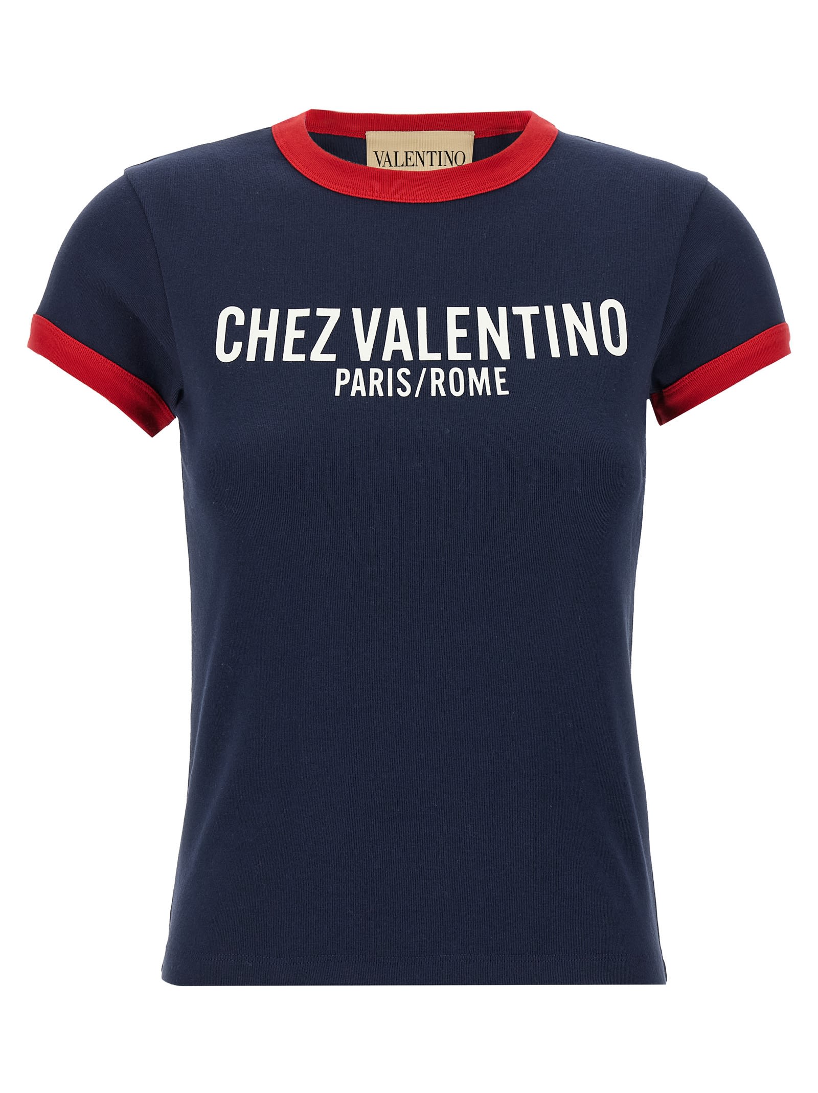 Valentino Crew Neck Cotton T-shirt With Contrast Trim In Blue
