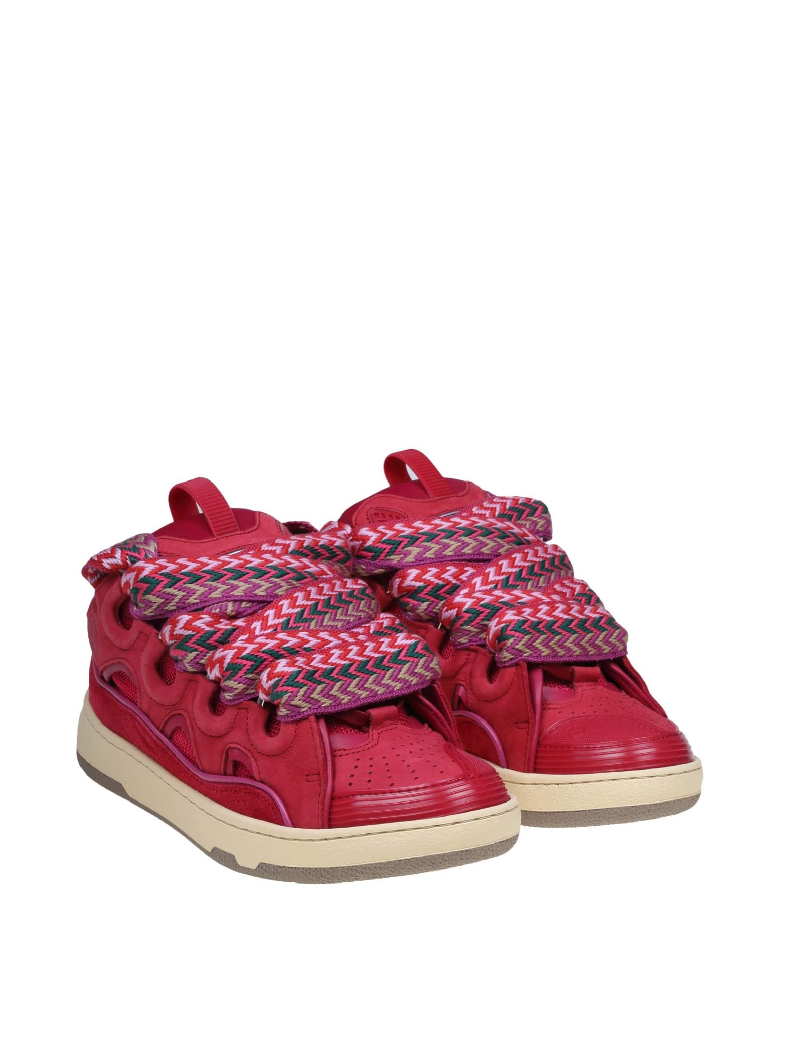 Shop Lanvin Curb Sneakers In Suede And Watermelon Color Fabric