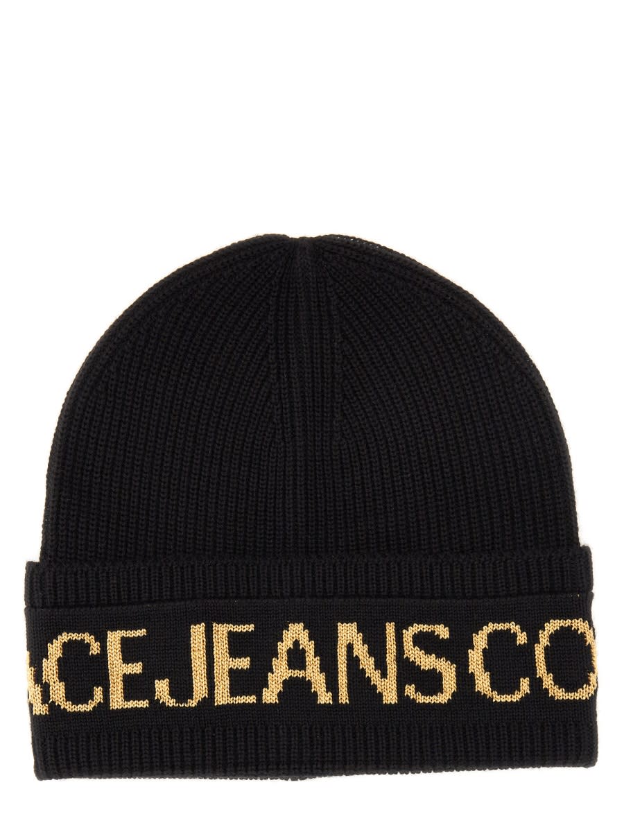 Shop Versace Jeans Couture Beanie Hat With Logo In Black