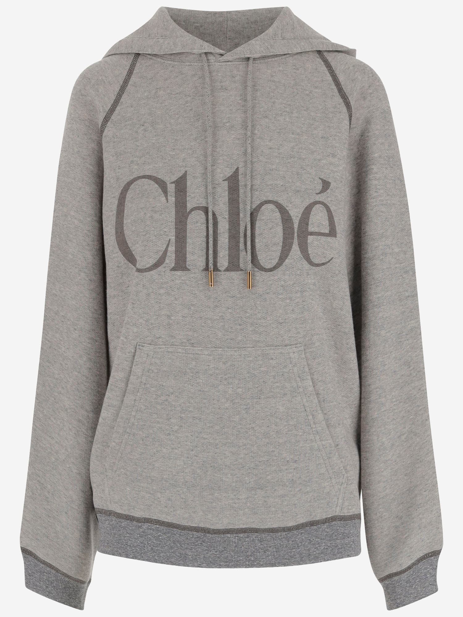 Chloé Hooded Cotton Blend Sweatshirt With Kangaroo Pocket In Gray