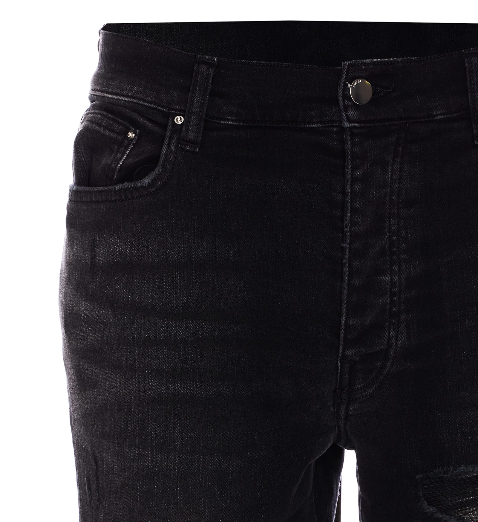 Amiri Slim Fit Distressed Trousers With Rivet Detailing In Black