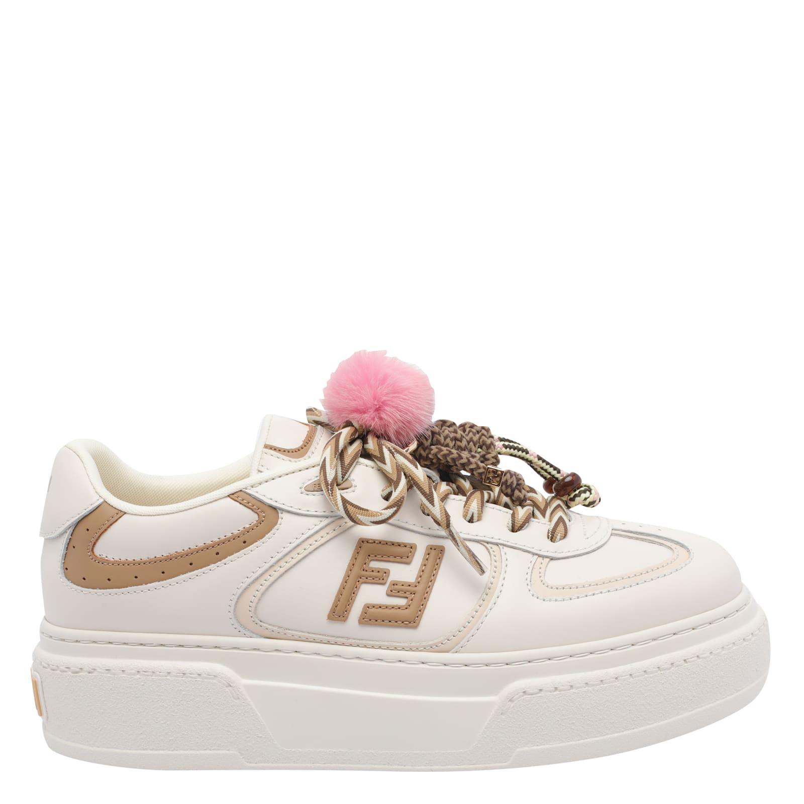 Fendi Match Low Top Platform In White Leather With Charm Women In Nude