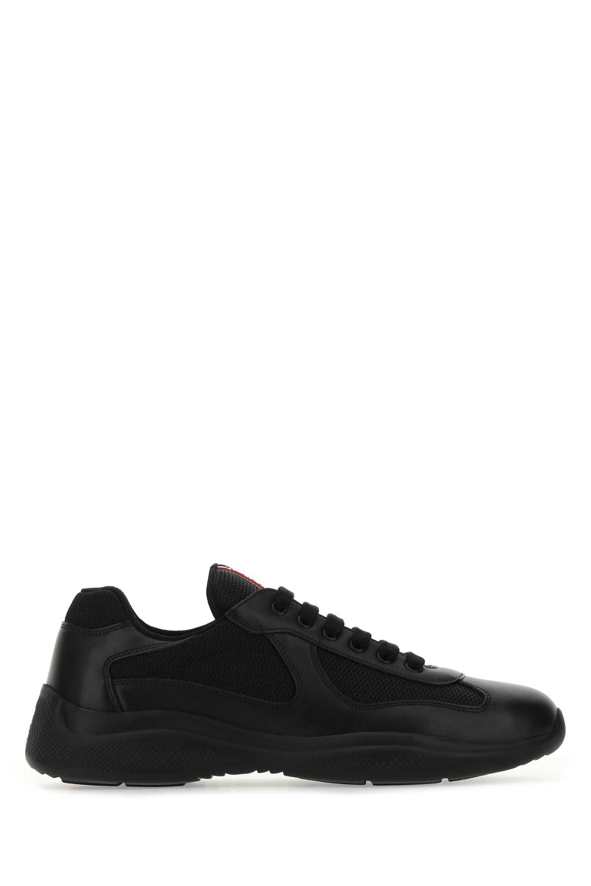Shop Prada Black Leather And Mesh Sneakers In F0002