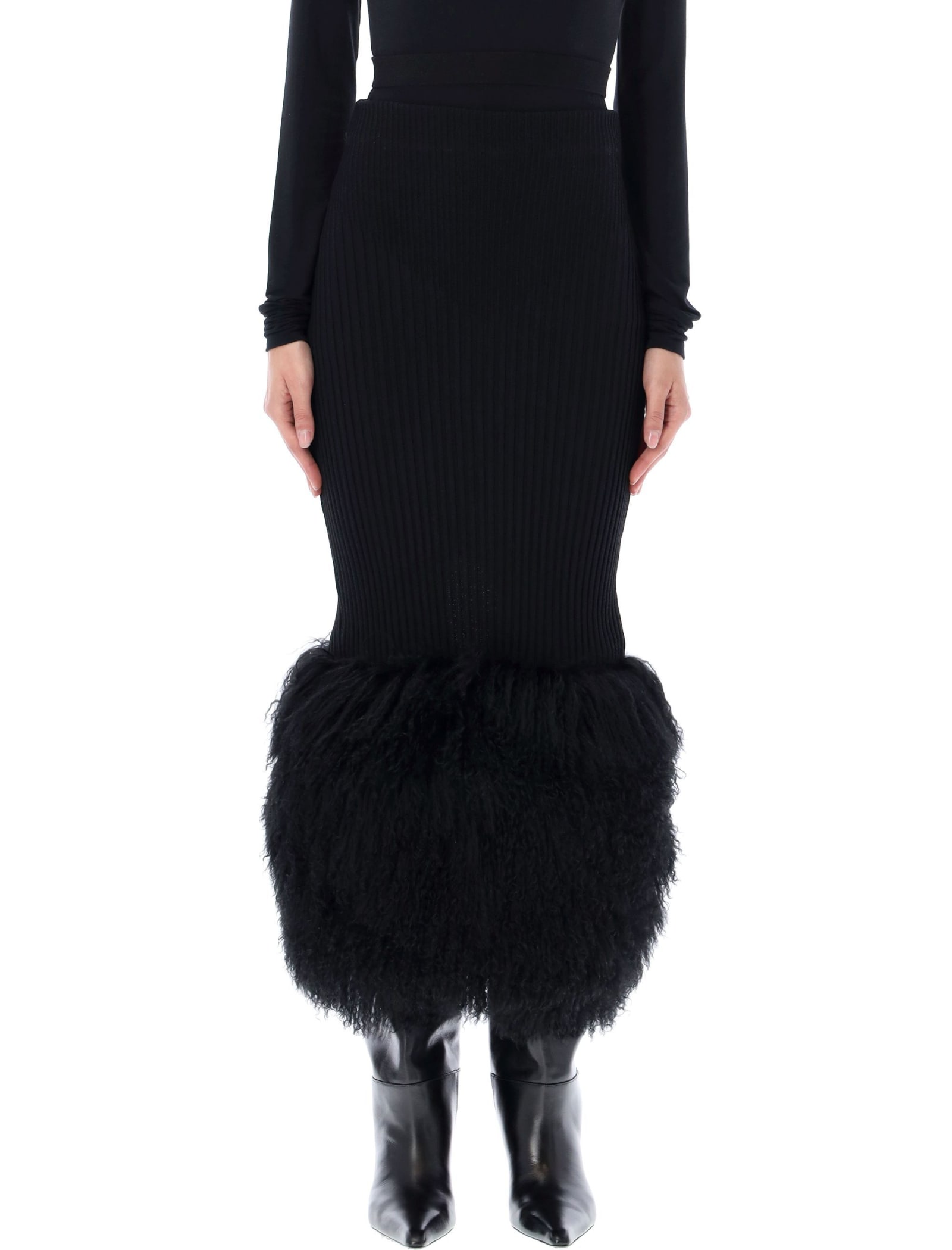 ANDREADAMO Ribbed Midi Skirt With Fur Hem