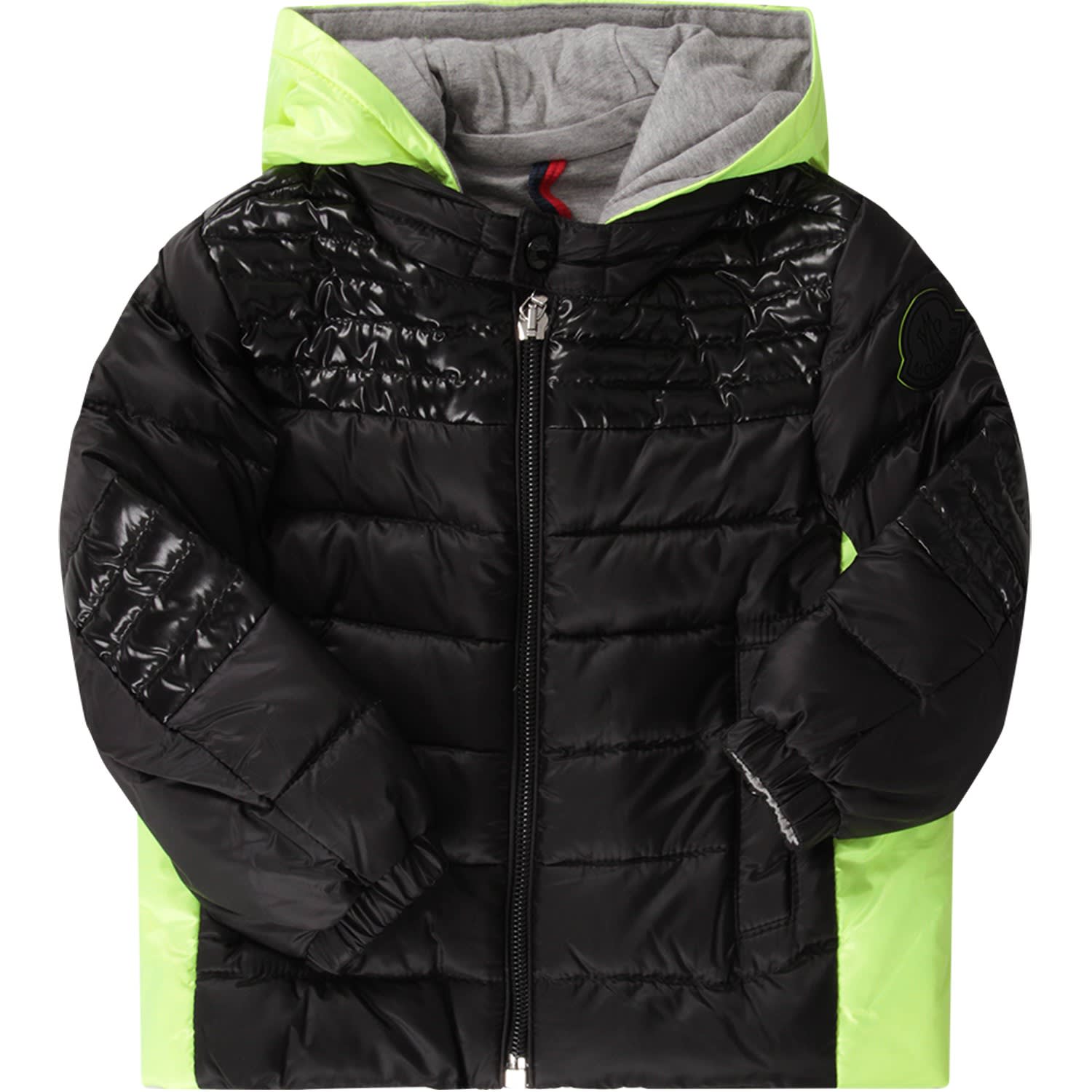 MONCLER BLACK AND NEON YELLOW BABYBOY JACKET WITH ICONIC PATCH,11223624