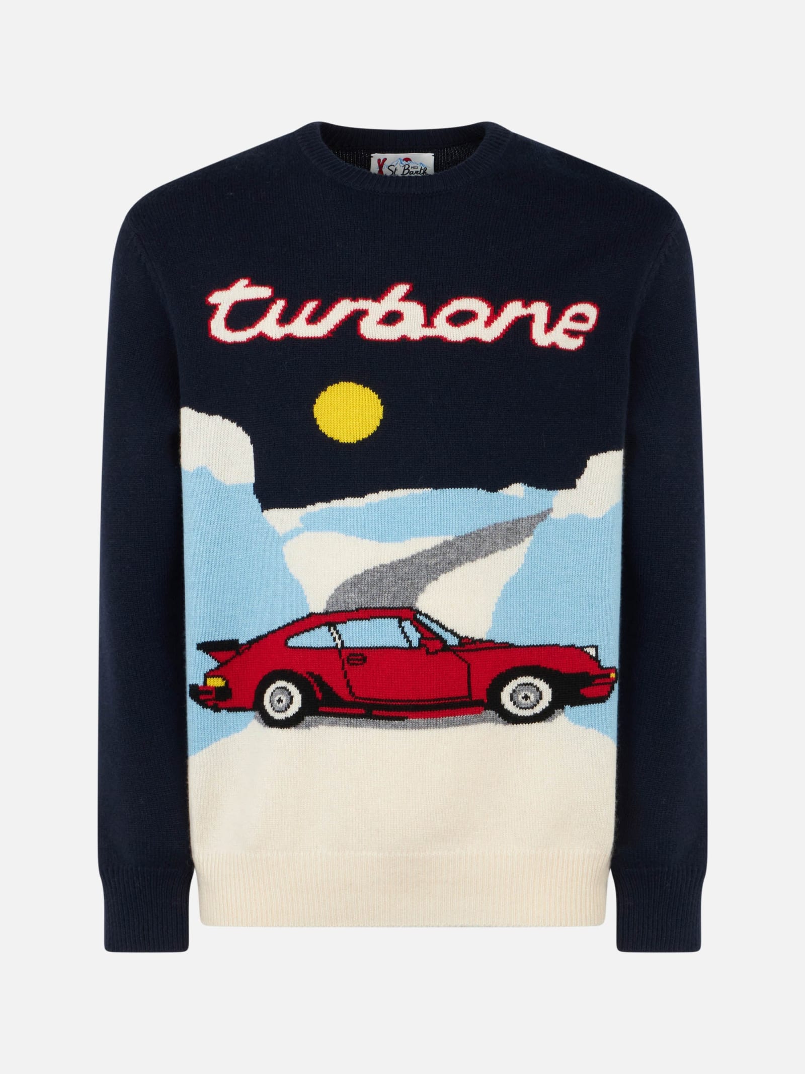 Shop Mc2 Saint Barth Man Crewneck Sweater With Turbone Jacquard Print In Blue