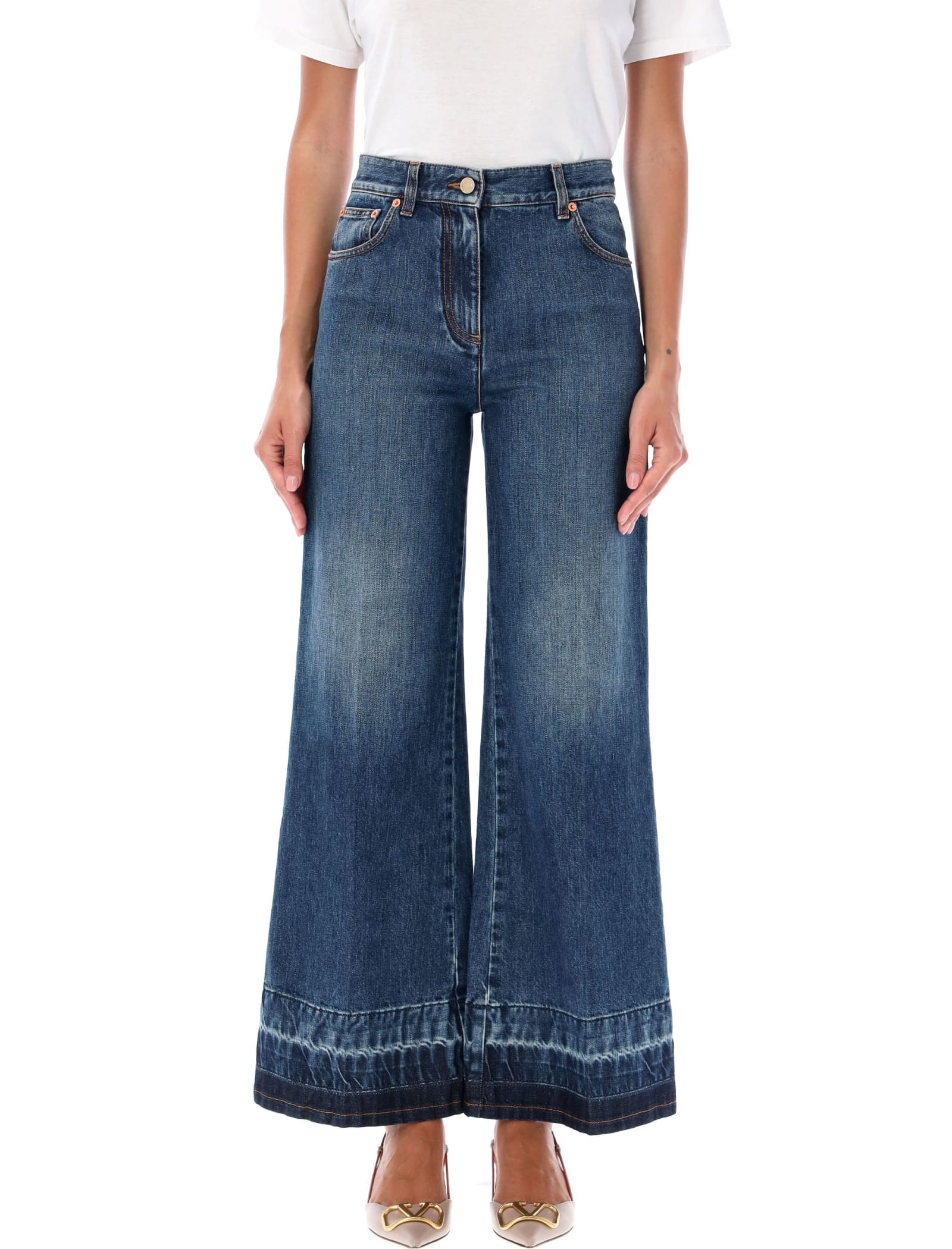 Shop Valentino Crop Wide Denim In Mid Blue