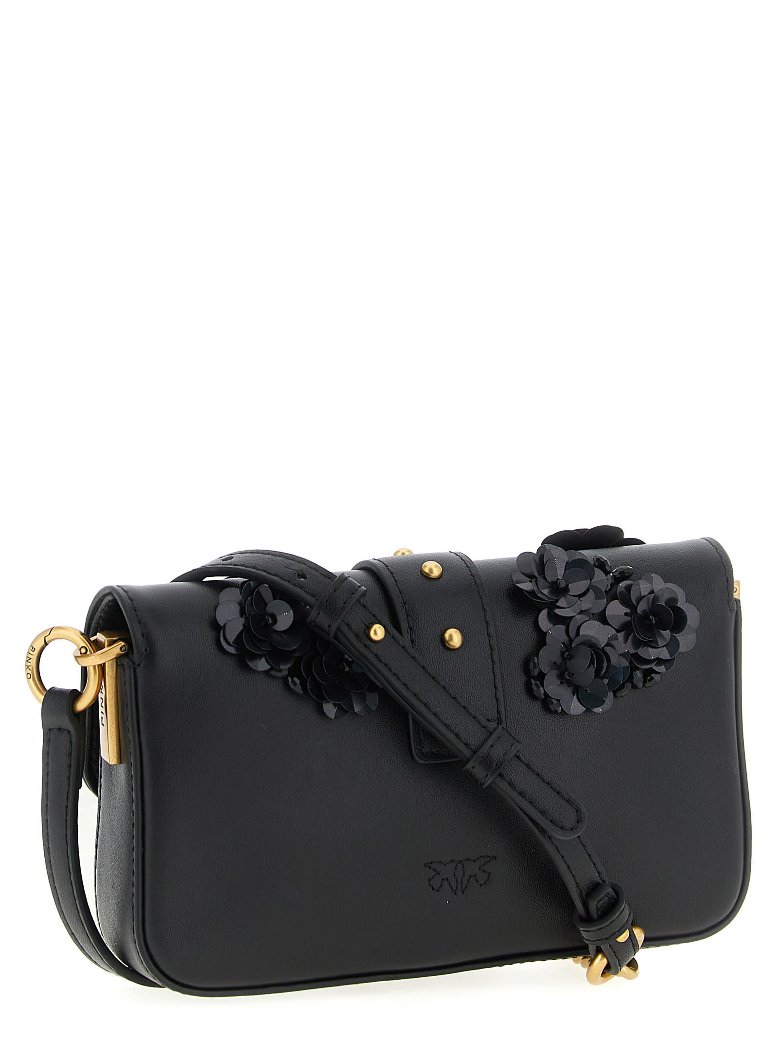 Pinko Baby Love Bag Slouchy Shoulder Bag In Leather With Jewel Flowers In Black