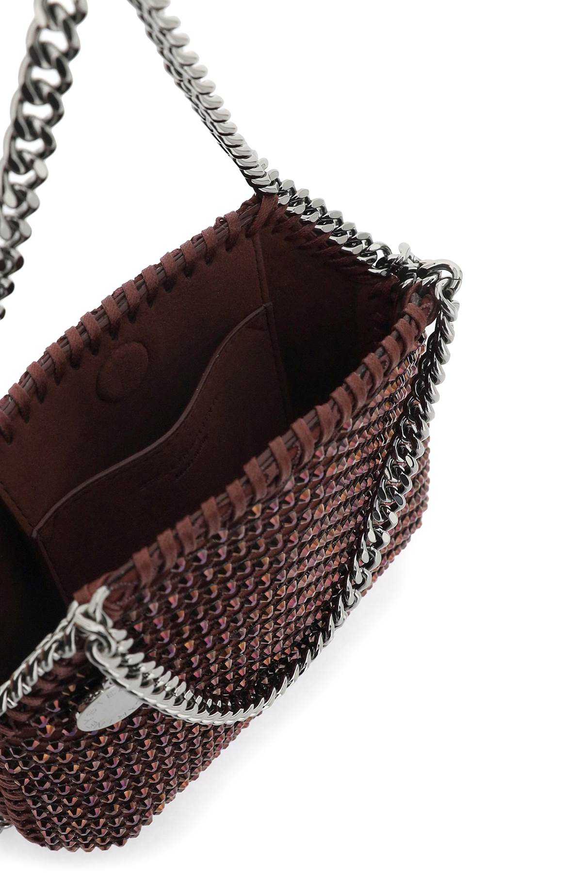 Shop Stella Mccartney Falabella Mini Bag With Mesh And Crystals In Burgundy (purple)