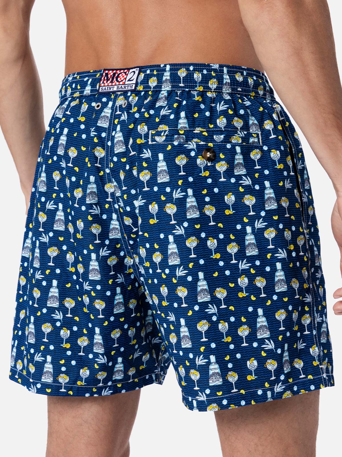 Shop Mc2 Saint Barth Man Lightweight Fabric Swim-shorts Lighting Micro Fantasy With Gin Mare Print Gin Mare Special Editi In Blue