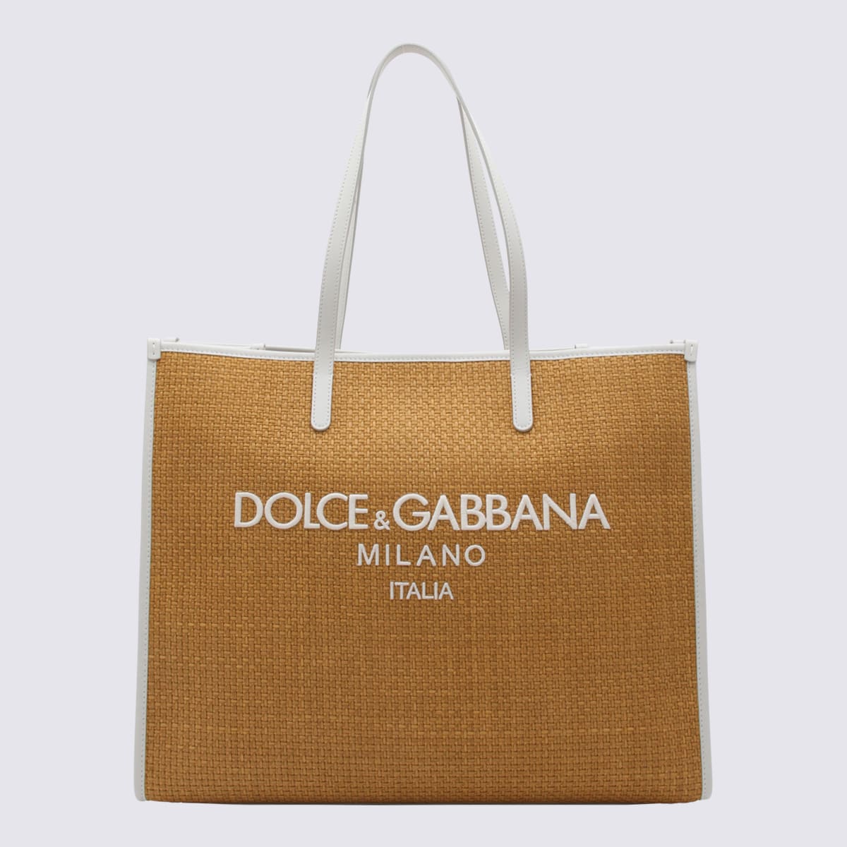 Shop Dolce & Gabbana Beige Raffia And White Leather Tote Bag In Miele/latte