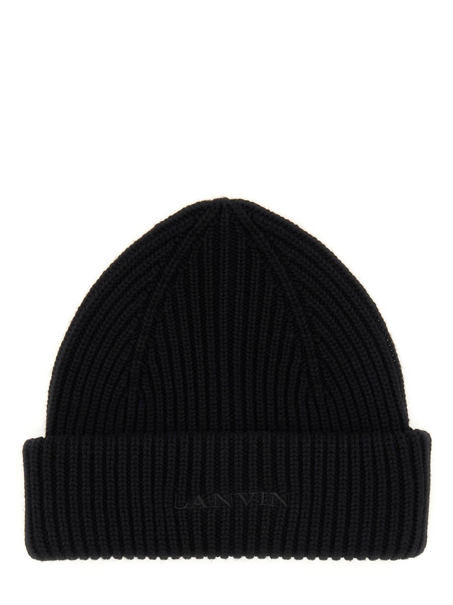 Lanvin Ribbed Wool Beanie Hat In Black