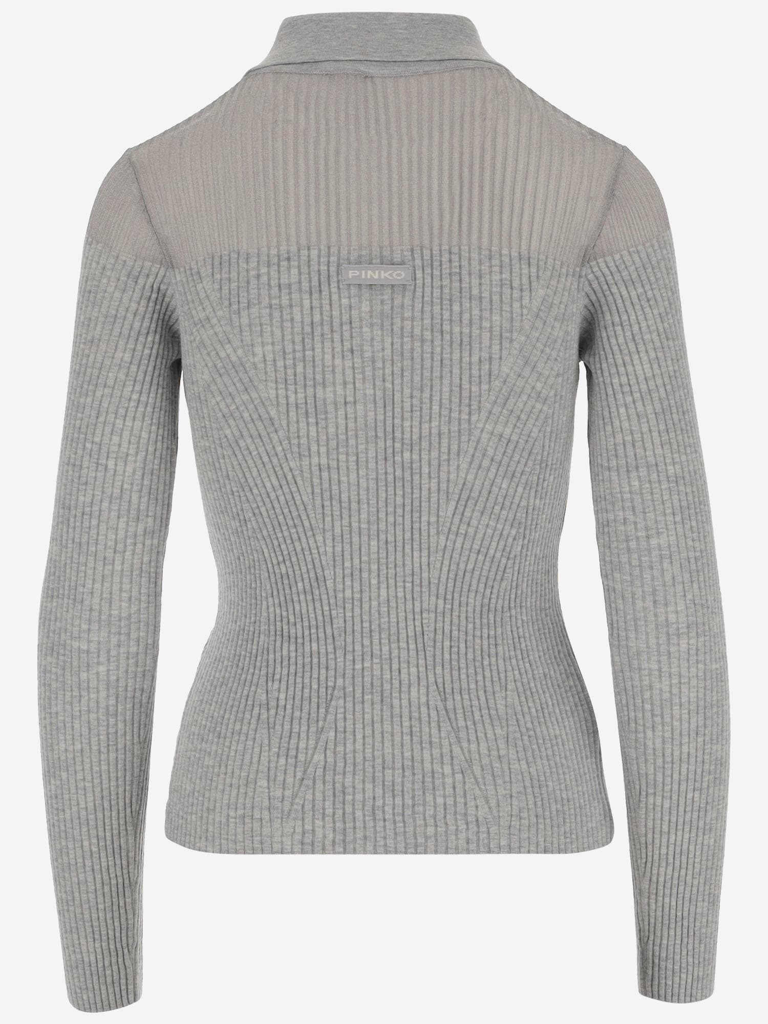 Pinko Ribbed Spread Collar Polo Top In Grey