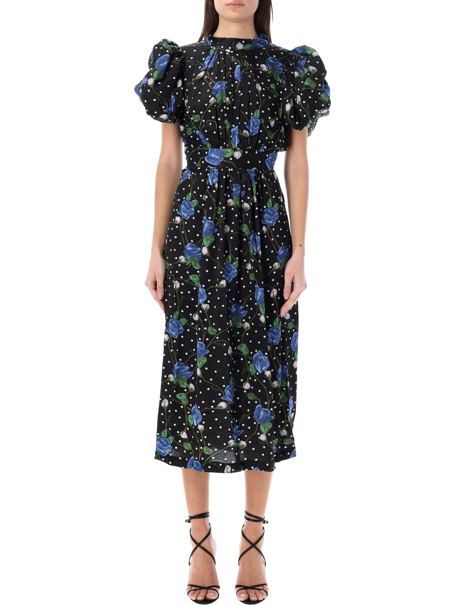 Shop Rotate Birger Christensen Puffy Sleeves Long Dress In Black Blue Flower