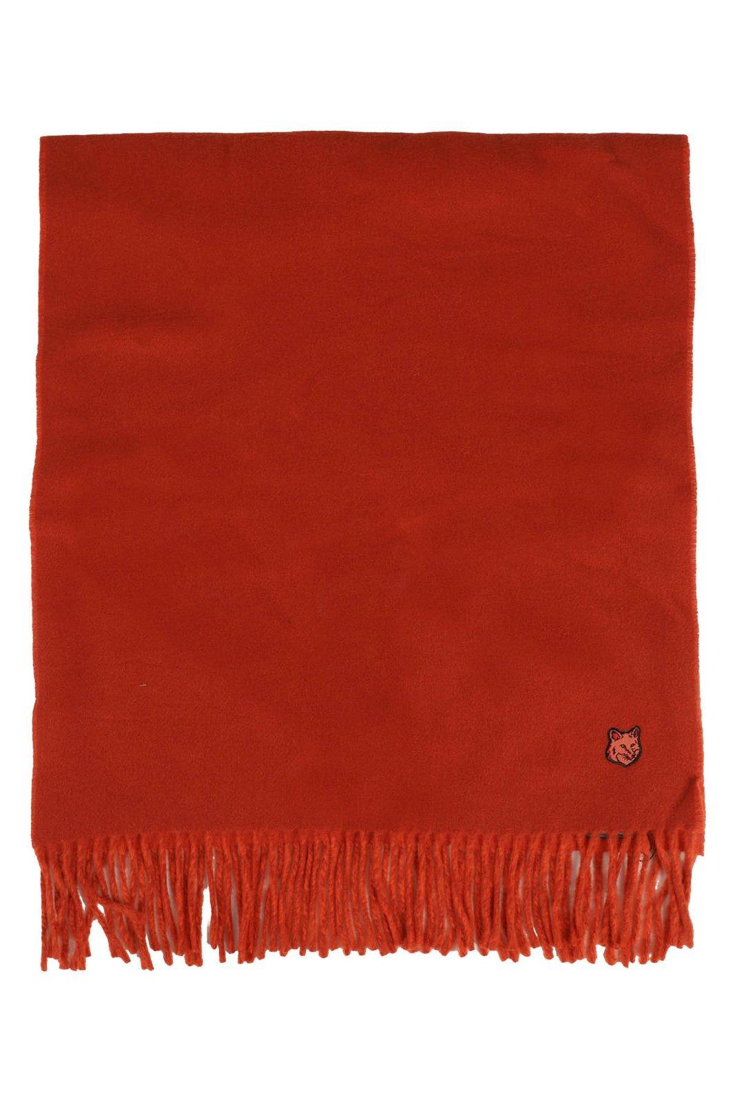 Shop Maison Kitsuné Logo Patch Fringed Knit Scarf In Burnt Red/rust