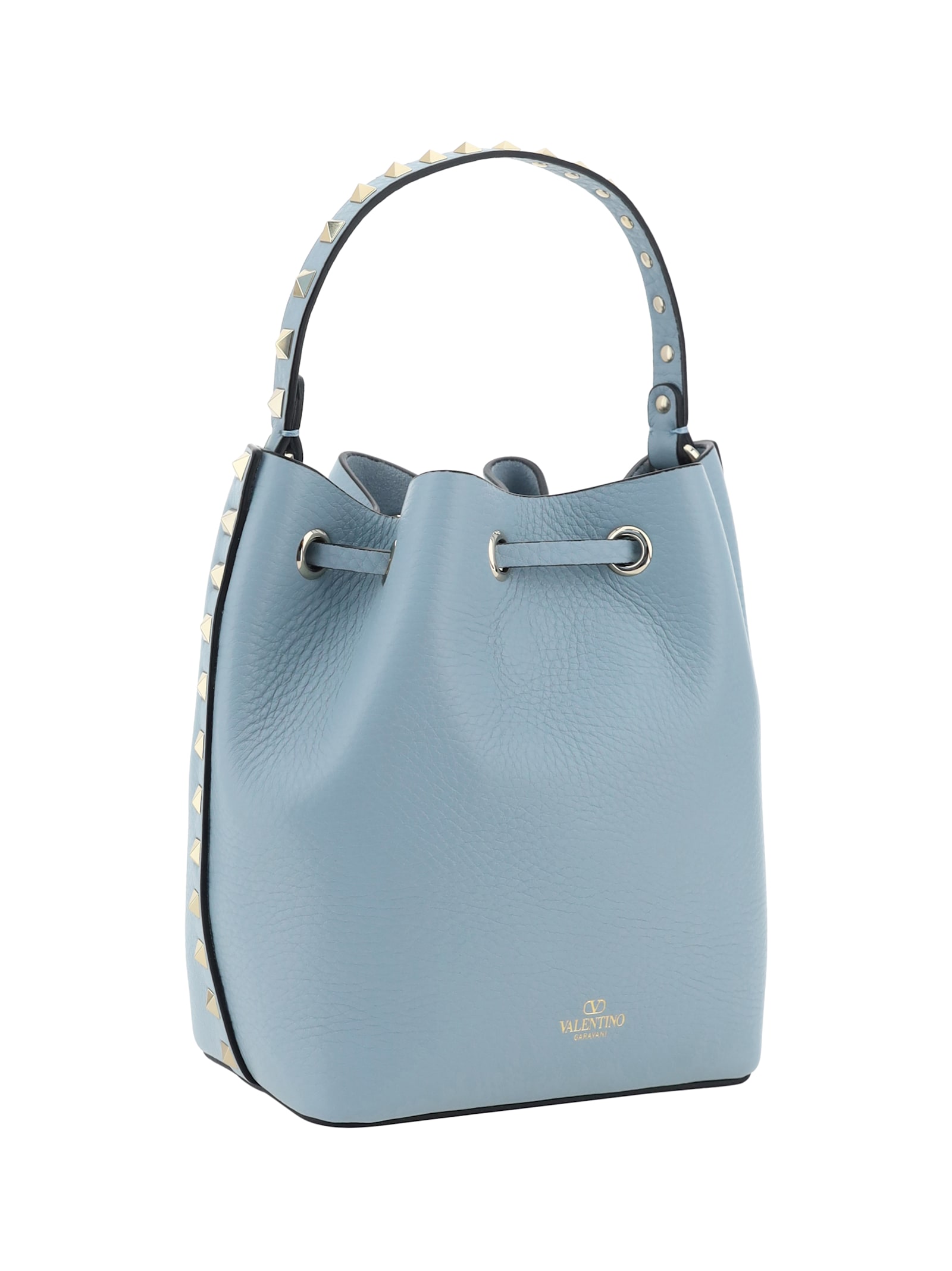 Shop Valentino Rockstud Bucket Bag In Blu Porcellana