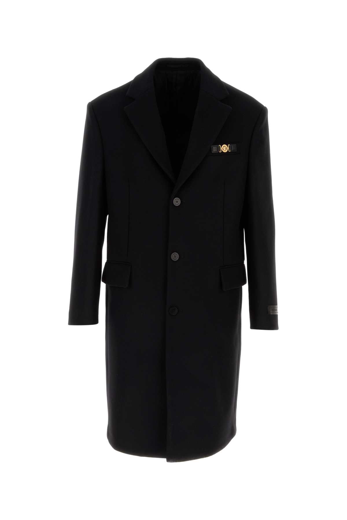 Versace Wool Coat With Back Vent And Notch Lapel In Black