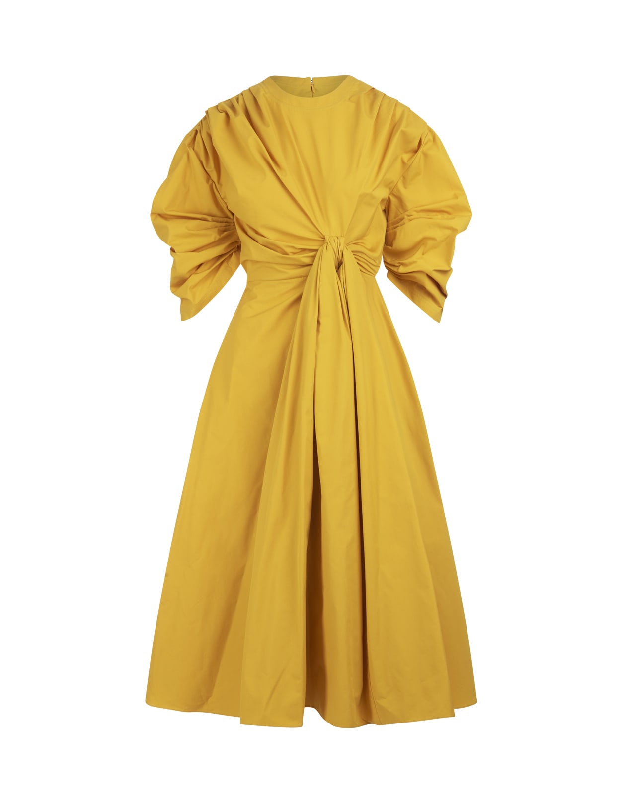 Alexander McQueen Pop Yellow Cotton Poplin Midi Dress With Knotted Draping