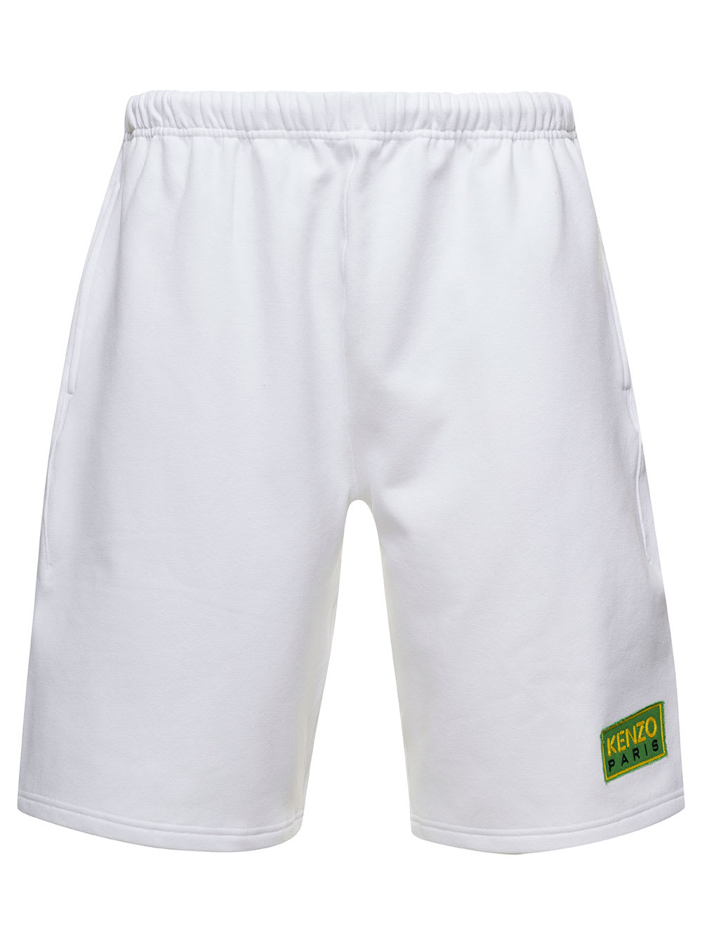 KENZO WHITE BERMUDA SHORTS WITH LOGO PATCH IN COTTON MAN