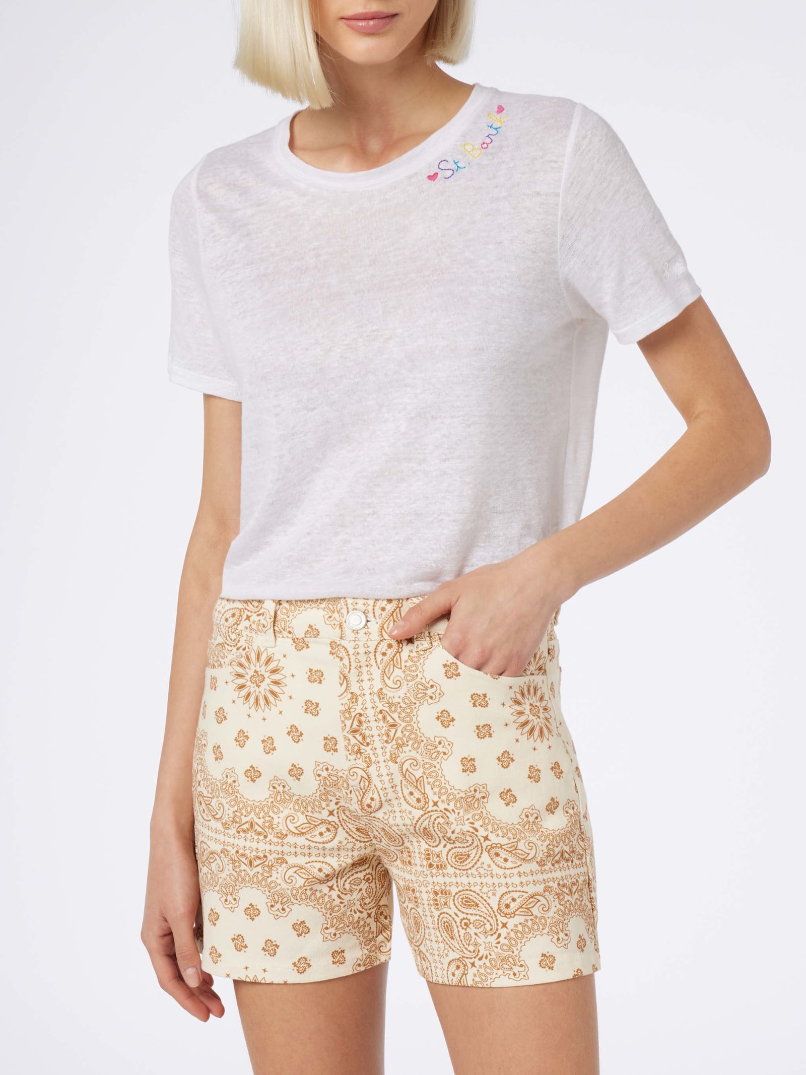 Mc2 Saint Barth Woman Bandanna Print Denim Bermuda Cancun In White