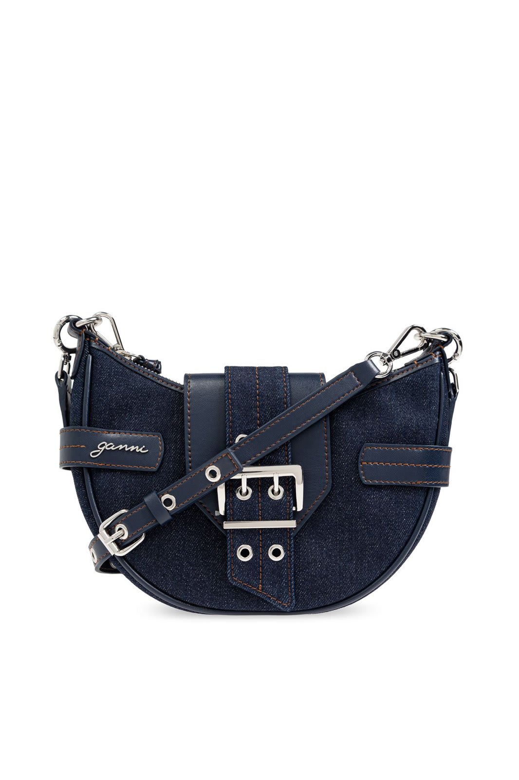 Shop Ganni Small Bucky Denim Crossbody Bag In Blue