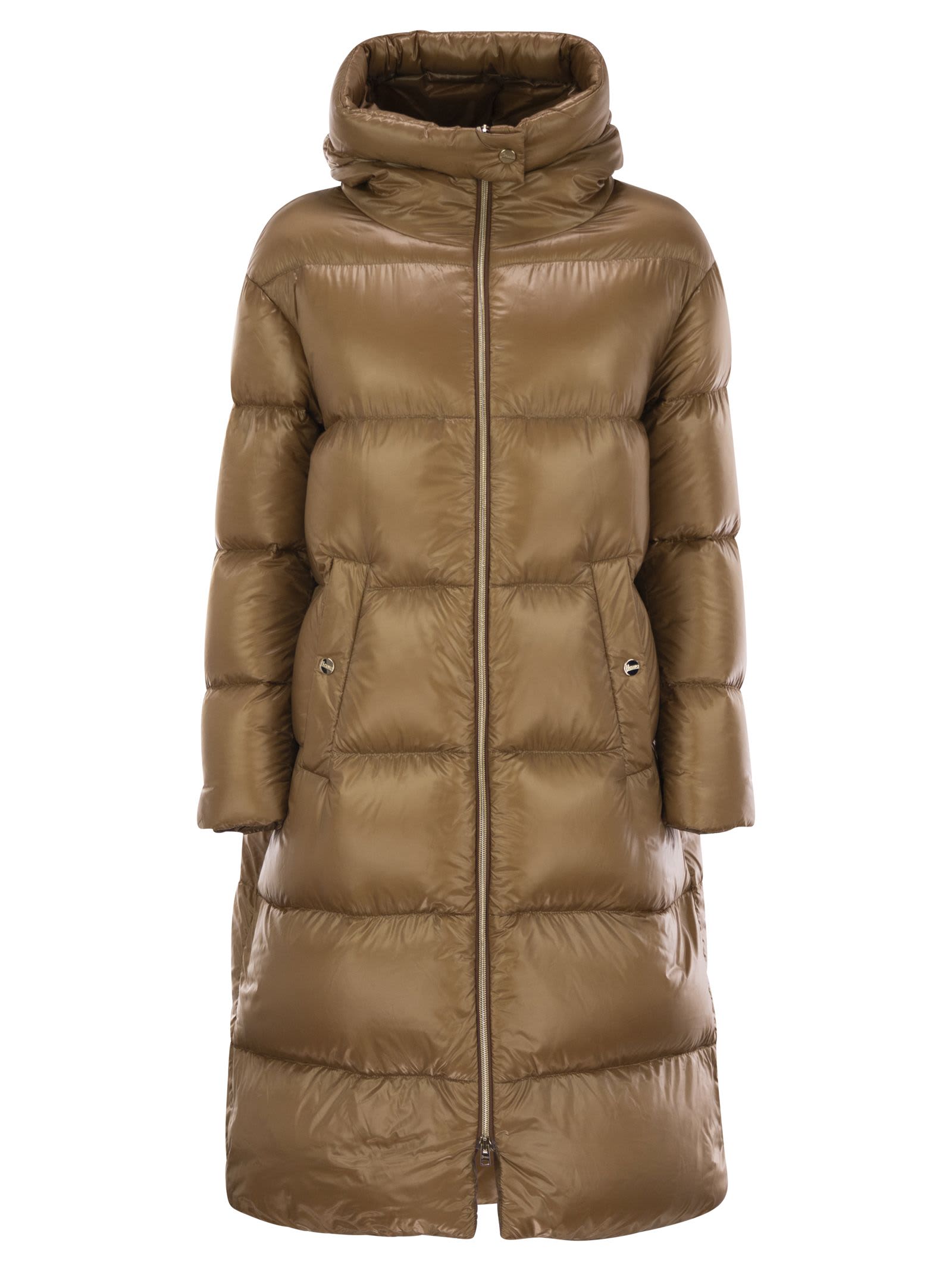 Shop Herno Long Down Jacket With Hood In Camel