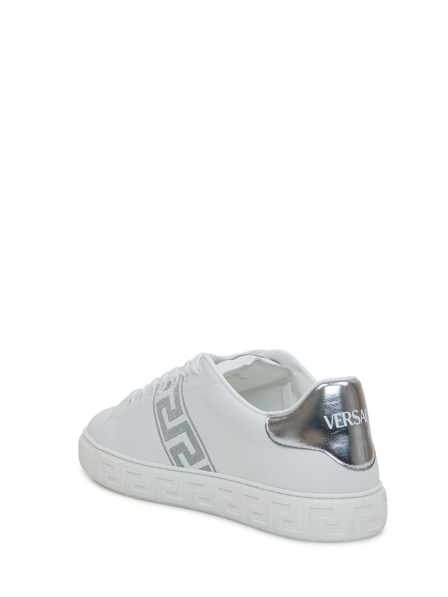 Shop Versace Greek Sneaker Embroidered In White Silver