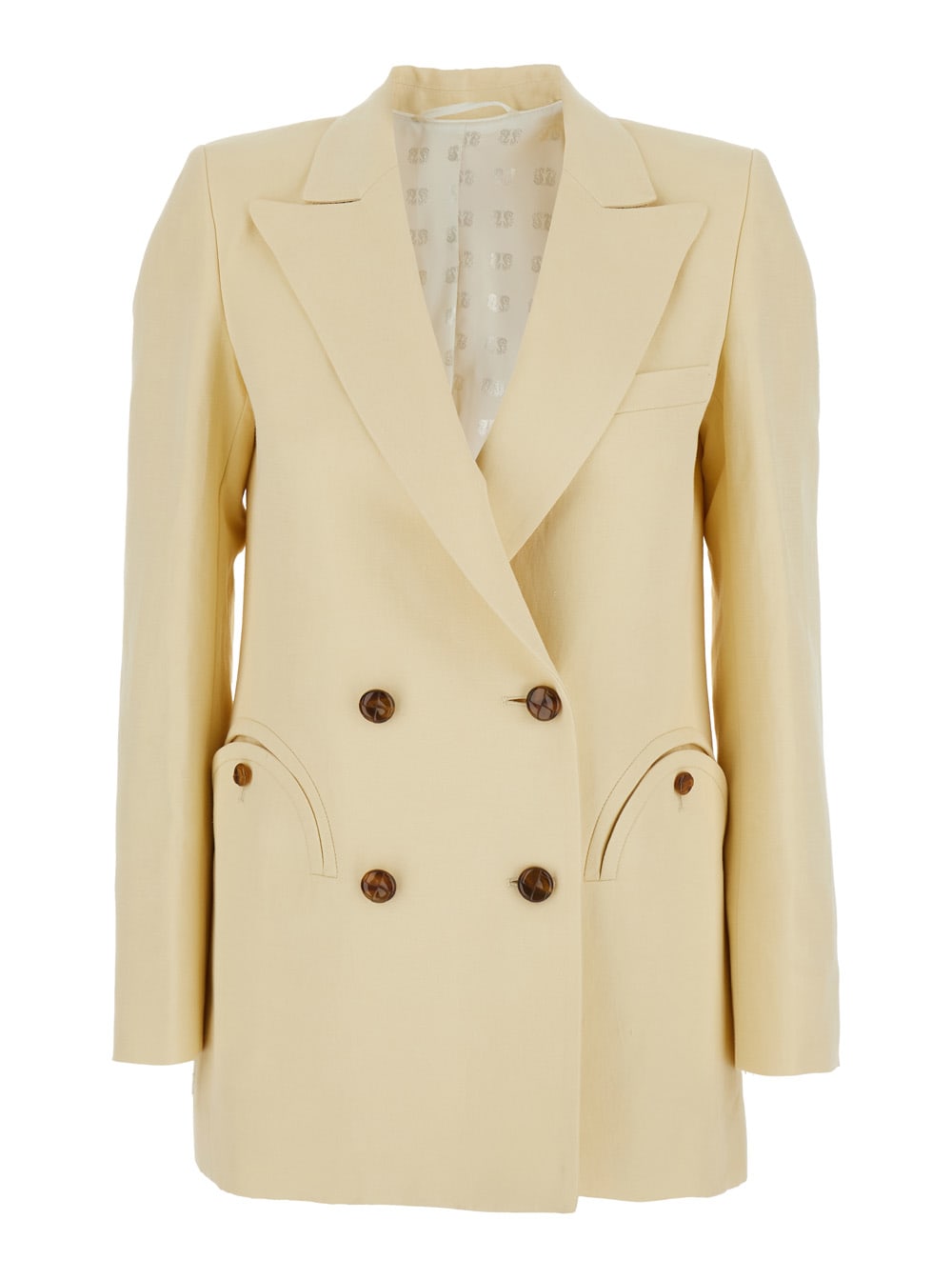 savannah Beige Double-breasted Jacket With Peak Revers In Linen And Silk Blend Woman