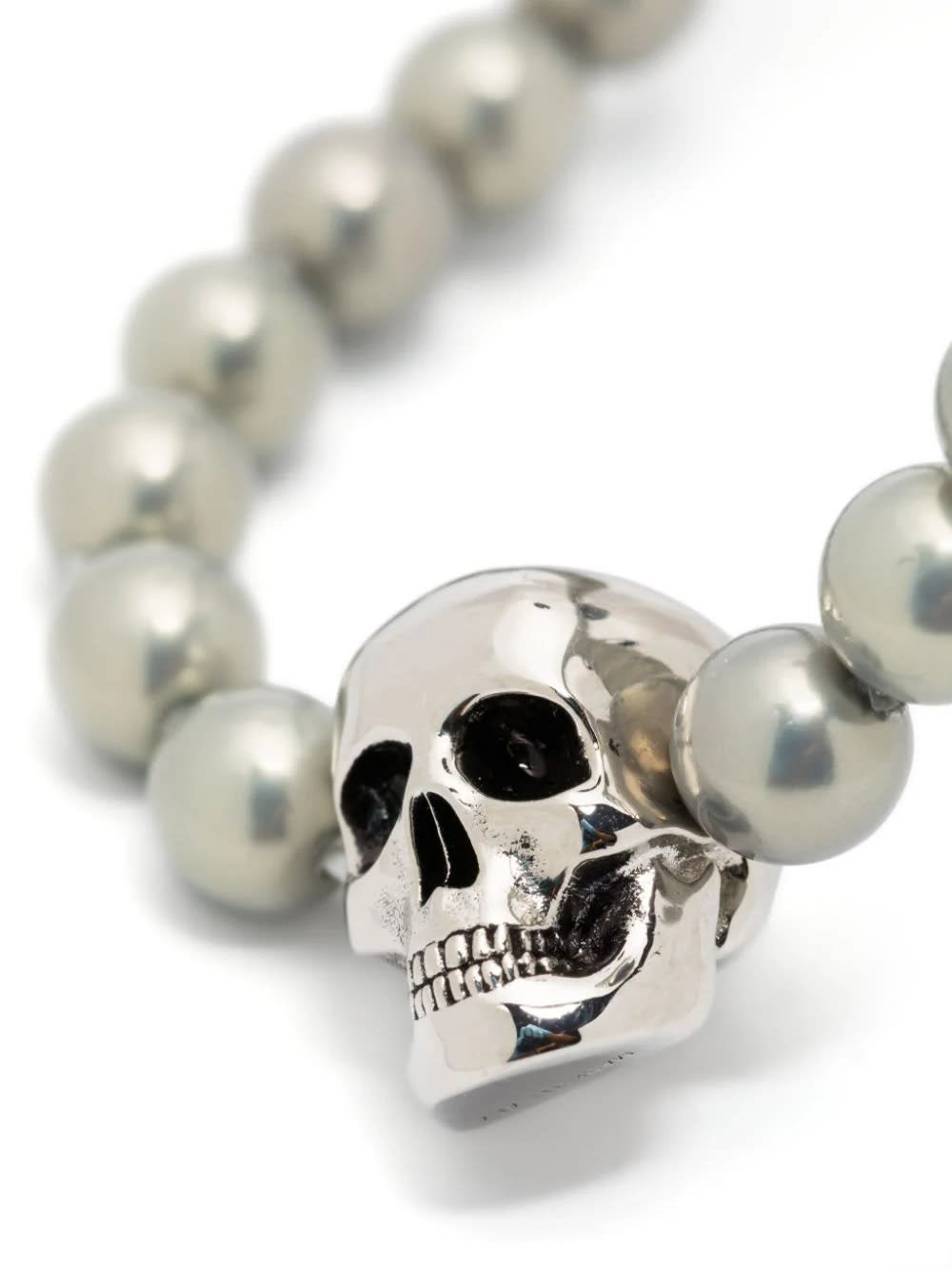 Shop Alexander Mcqueen Skull Beaded Bracelet In Silver And Pearl