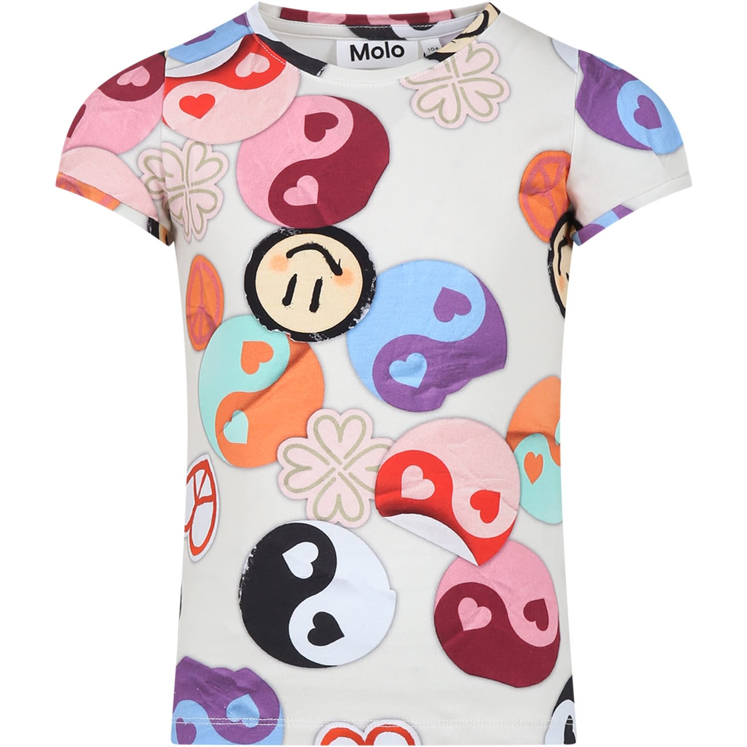 Molo Kids' Ivory T-shirt For Girl With Smiley In Multicolor