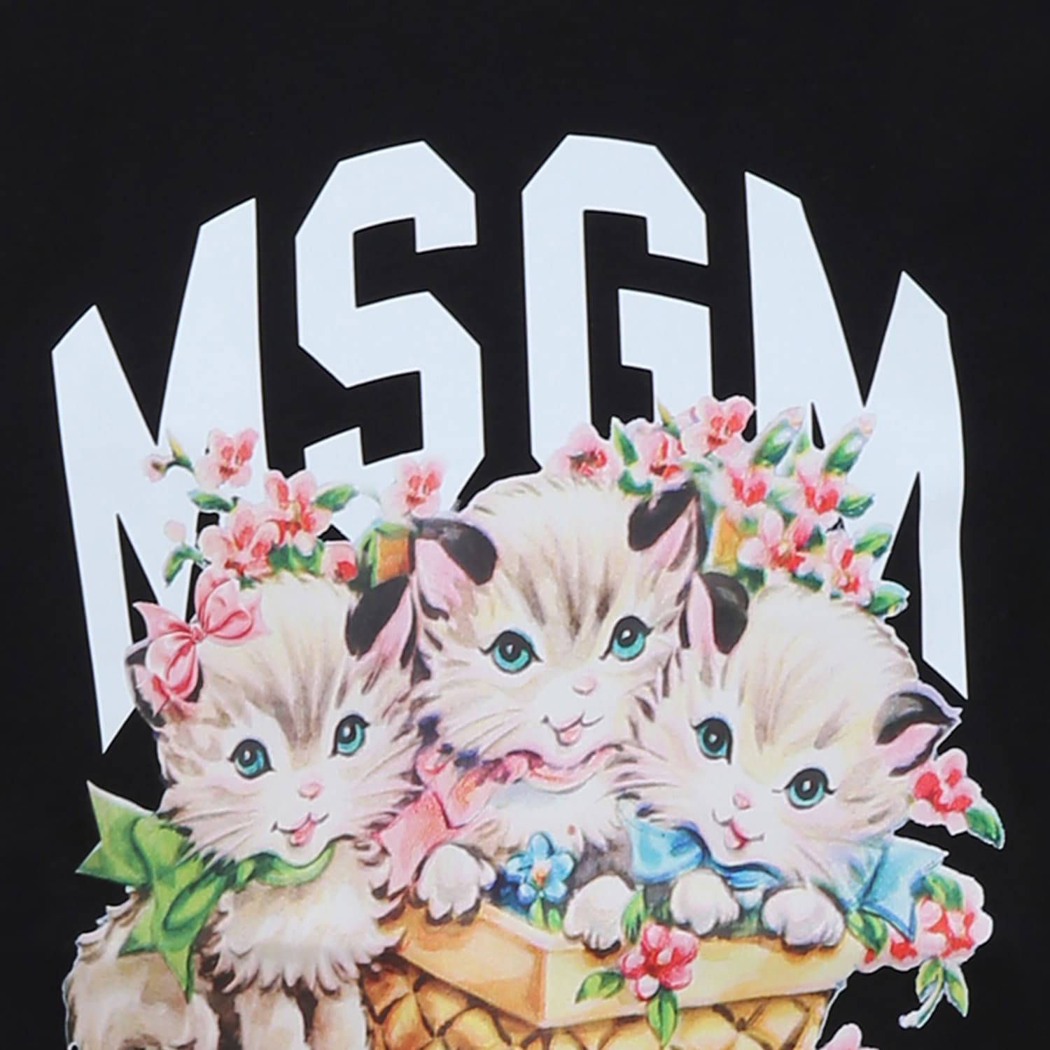 Msgm Black T-shirt For Girl With Logo And Cat Print In Black