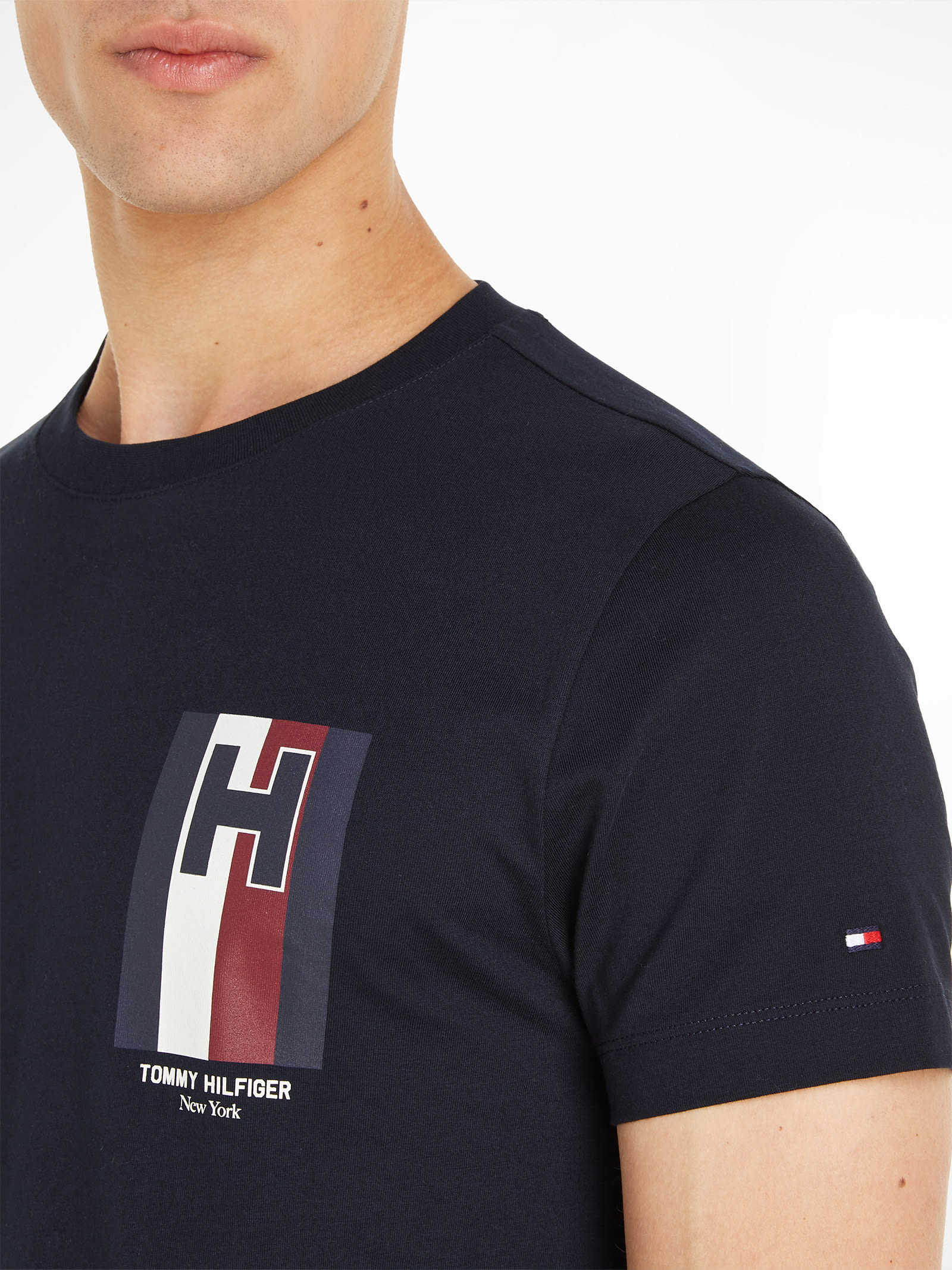 Shop Tommy Hilfiger Slim-fit Jersey T-shirt With Logo In Desert Sky