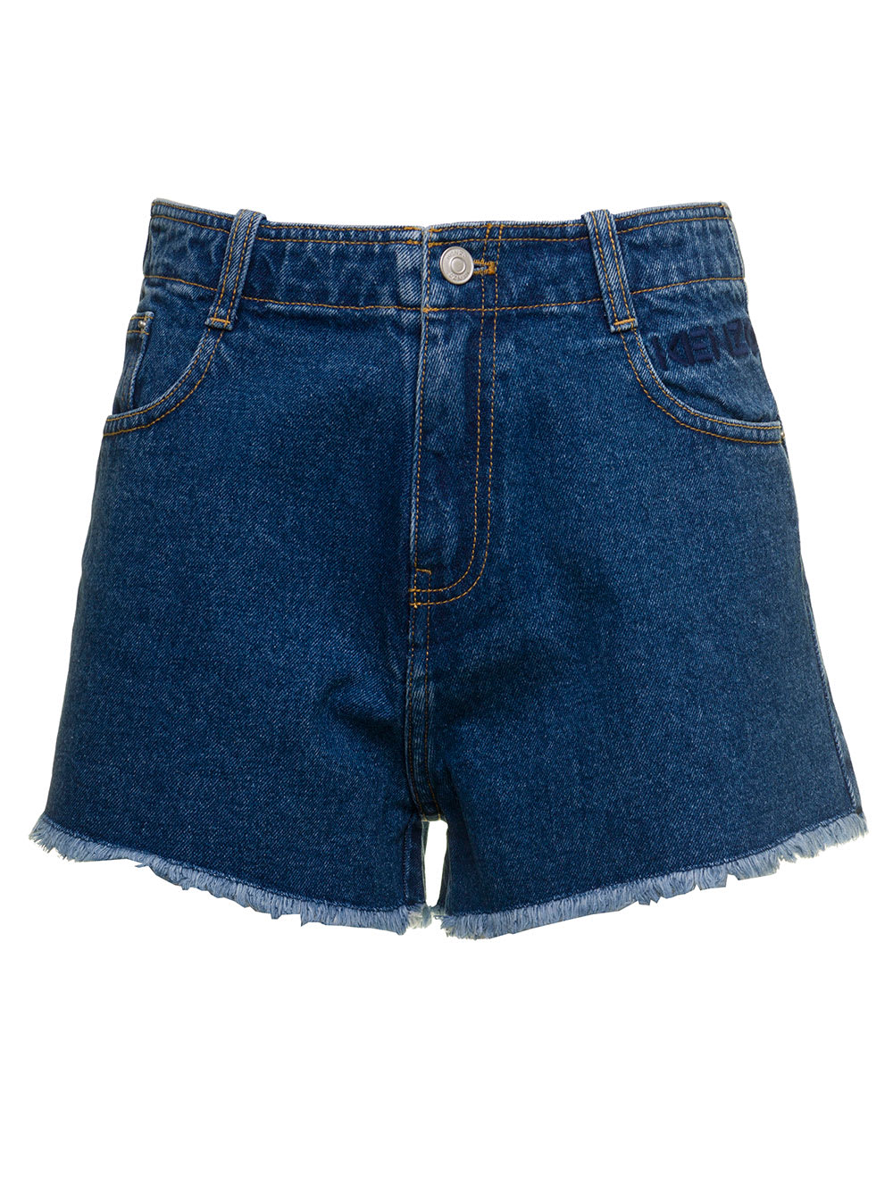 Kenzo Womans Blue Denim Shorts With Fringed Bottom